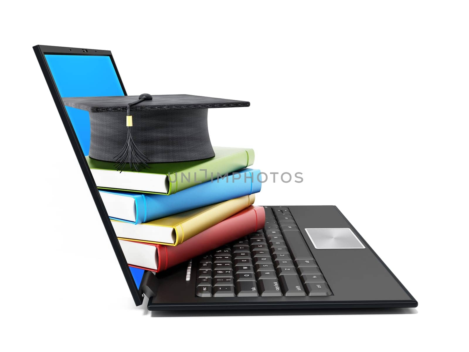 Book stack and graduation cap on laptop computer isolated on white background. 3D illustration.