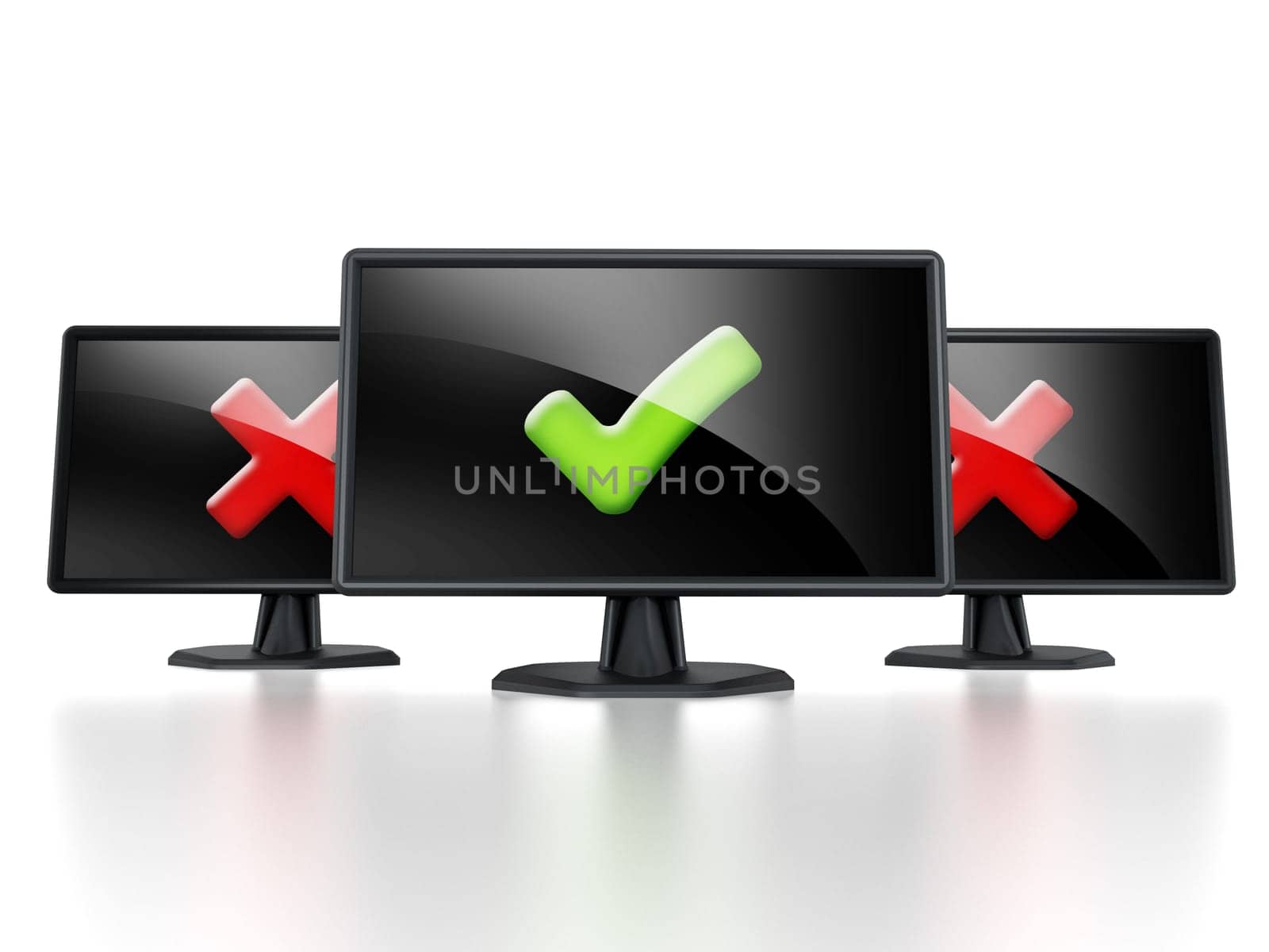 LED monitor with green tick standing out against others with cross. 3D illustration.