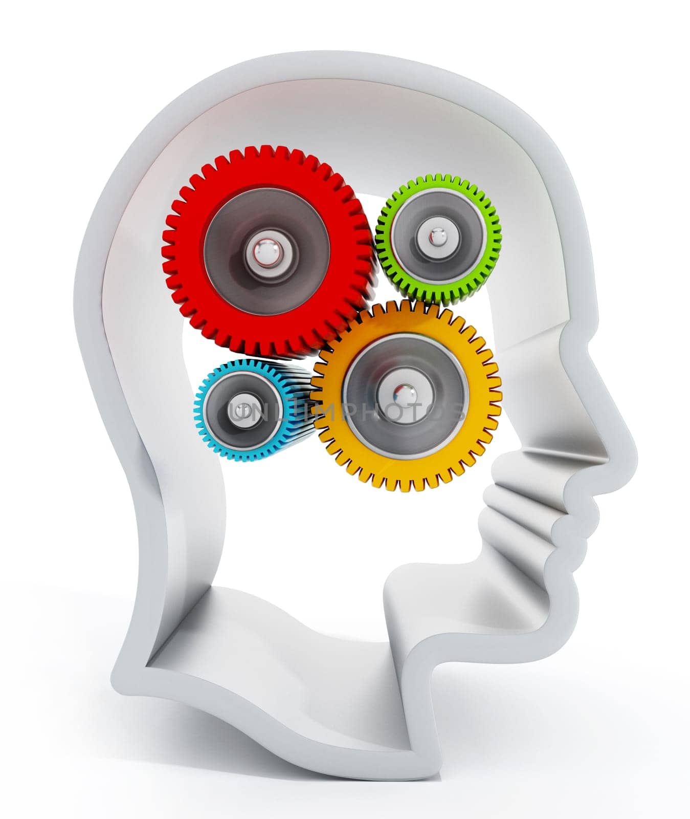 Multi-colored gears inside human head silhouette. 3D illustration.