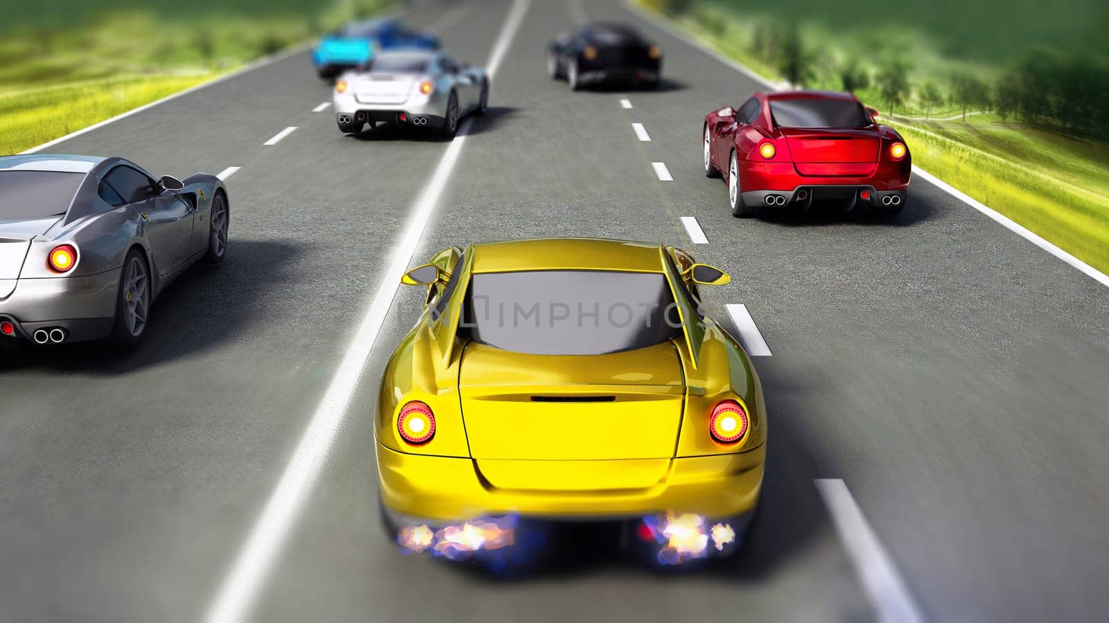 Car race with various color racing cars on the road. 3D illustration.