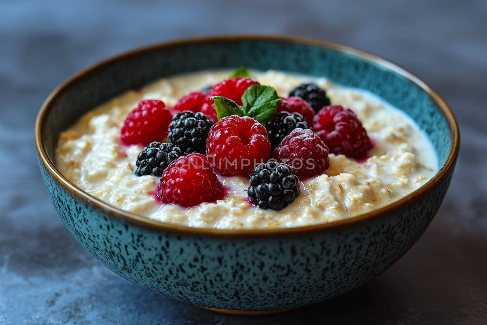 Bright and inviting bowl of oatmeal adorned with vibrant raspberries, blackberries, and a sprig of mint, perfect for breakfast.