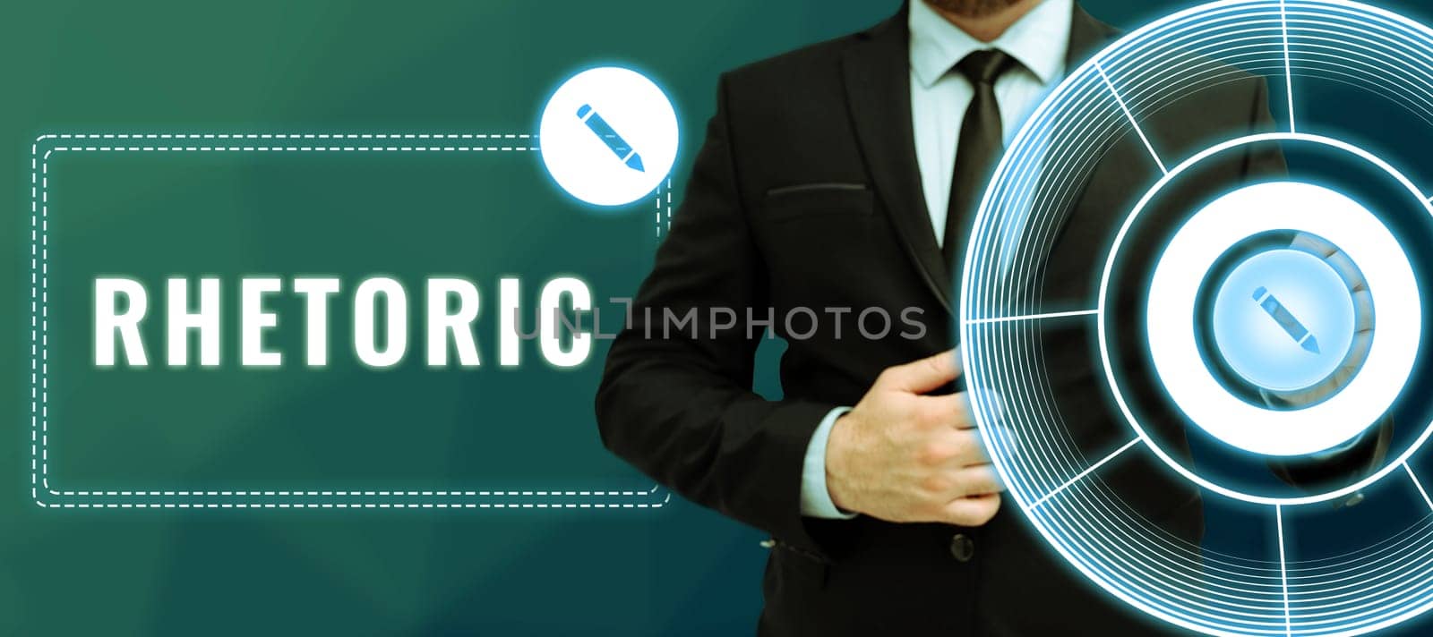 Conceptual caption Rhetoric, Business concept study of writing or speaking as mean of communication or persuasion