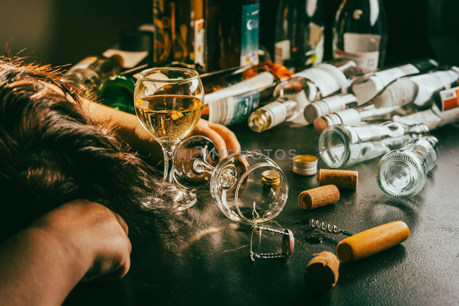 After party - empty bottles, concept of alcoholism, alcohol abuse and addiction
