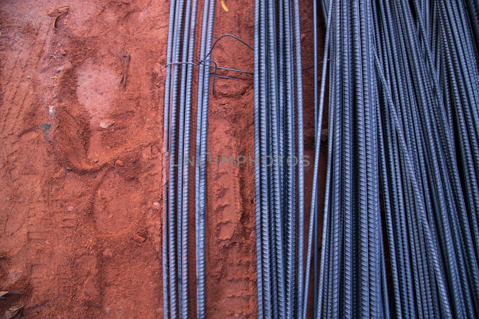 Steel wire on construction site, closeup of iron wire in construction site
