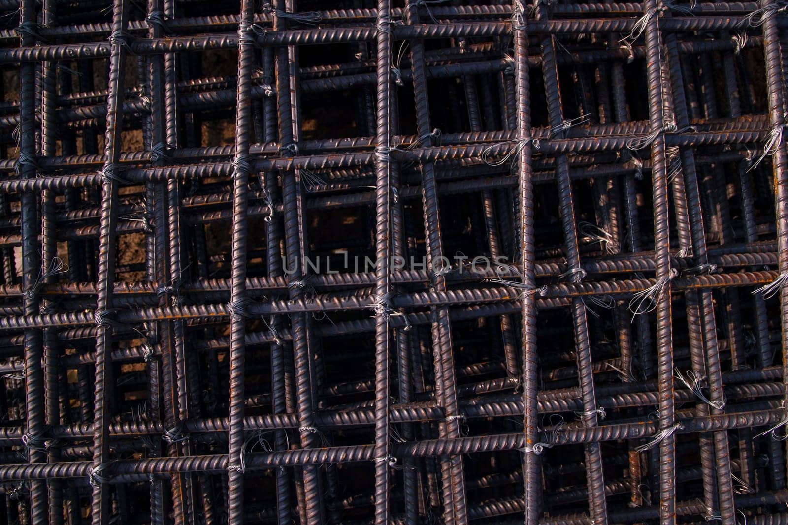 iron mesh in the construction site, close-up of iron mesh