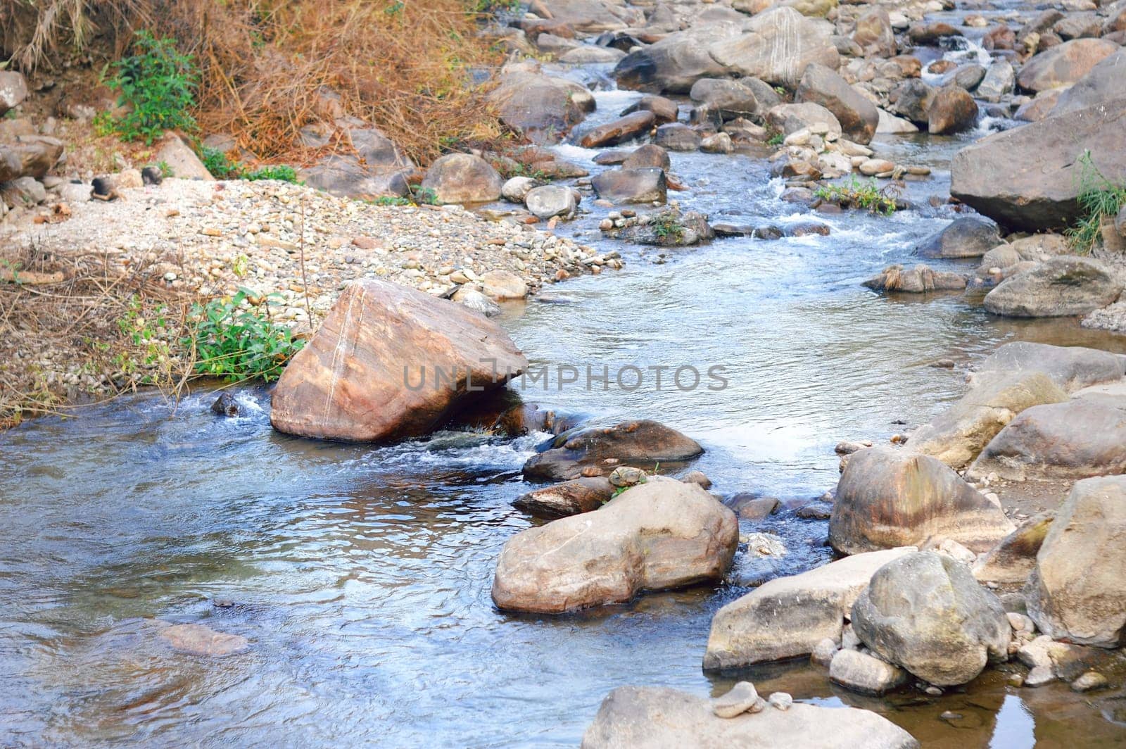Boulder rocks on a Rocky mountain river. Rangbang river mountain valley.Tabakoshi West Bengal India