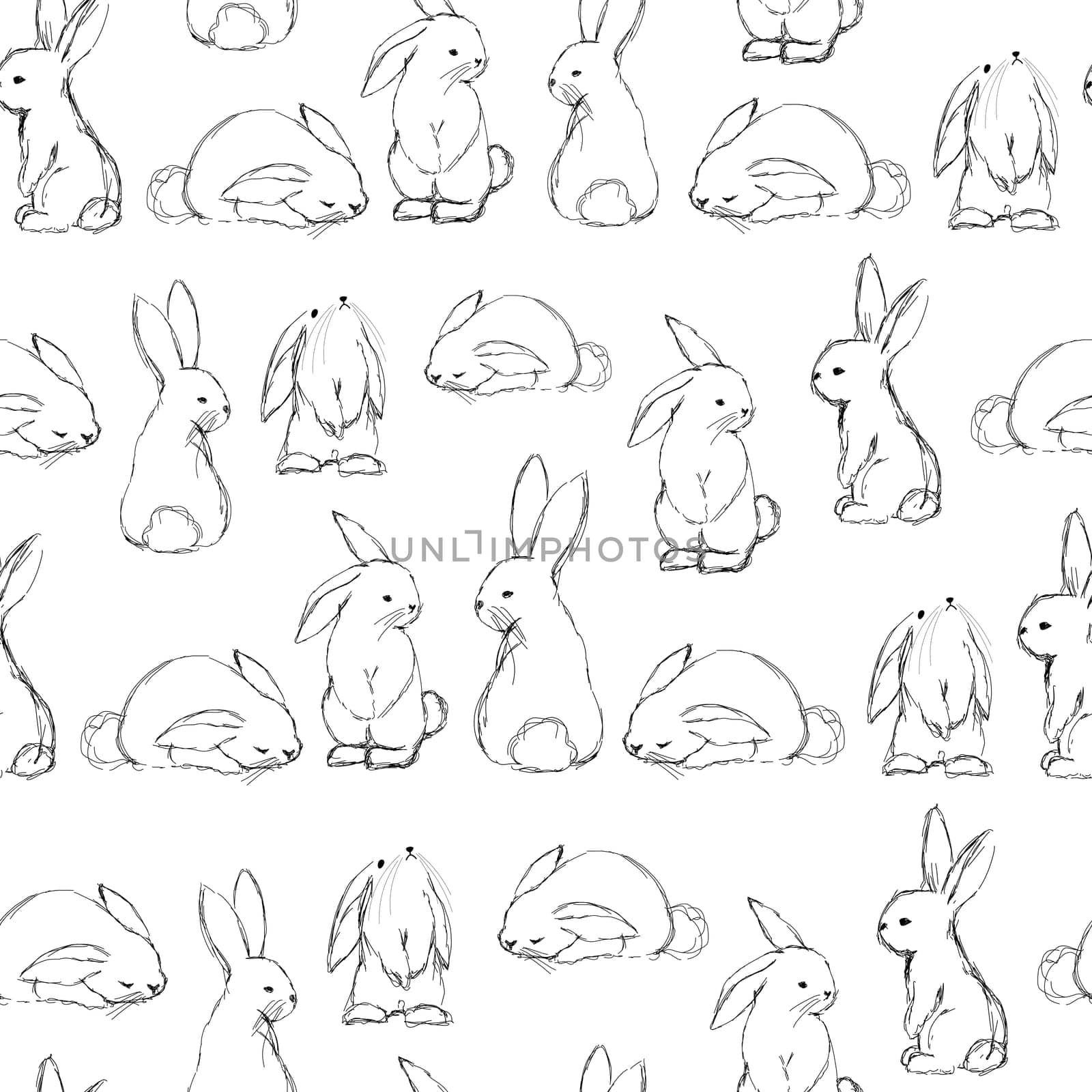 Year of the rabbit seamless pattern. Painted rabbits on a white background. Vector endless ornament. Cute bunnies for children s room and textiles. Baby animals. Forest dwellers.