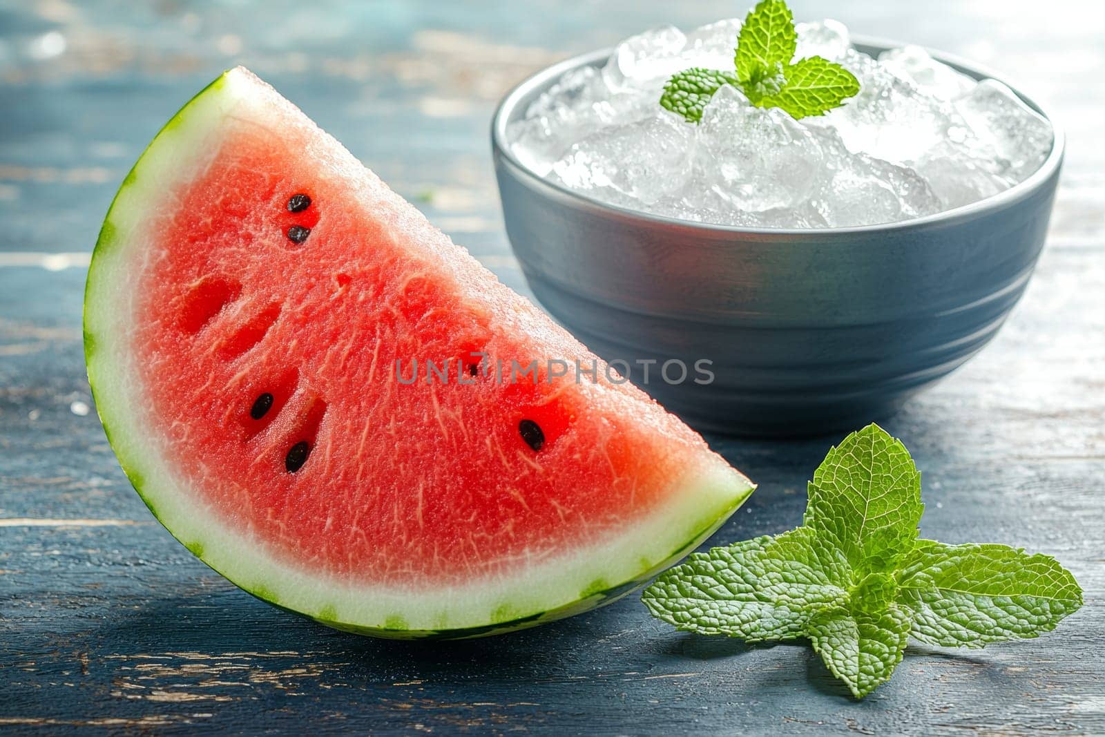 A vibrant slice of watermelon rests next to a bowl filled with ice and garnished with fresh mint, perfect for summer enjoyment.