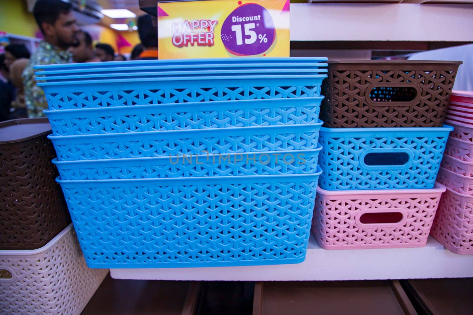 Colorful plastic baskets for sale in a market