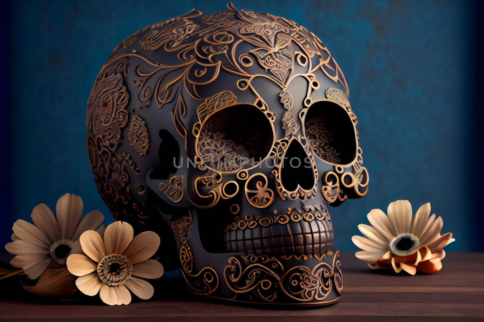 Decorated colorful skull.  Day of dead, Mexico.  Generative AI.