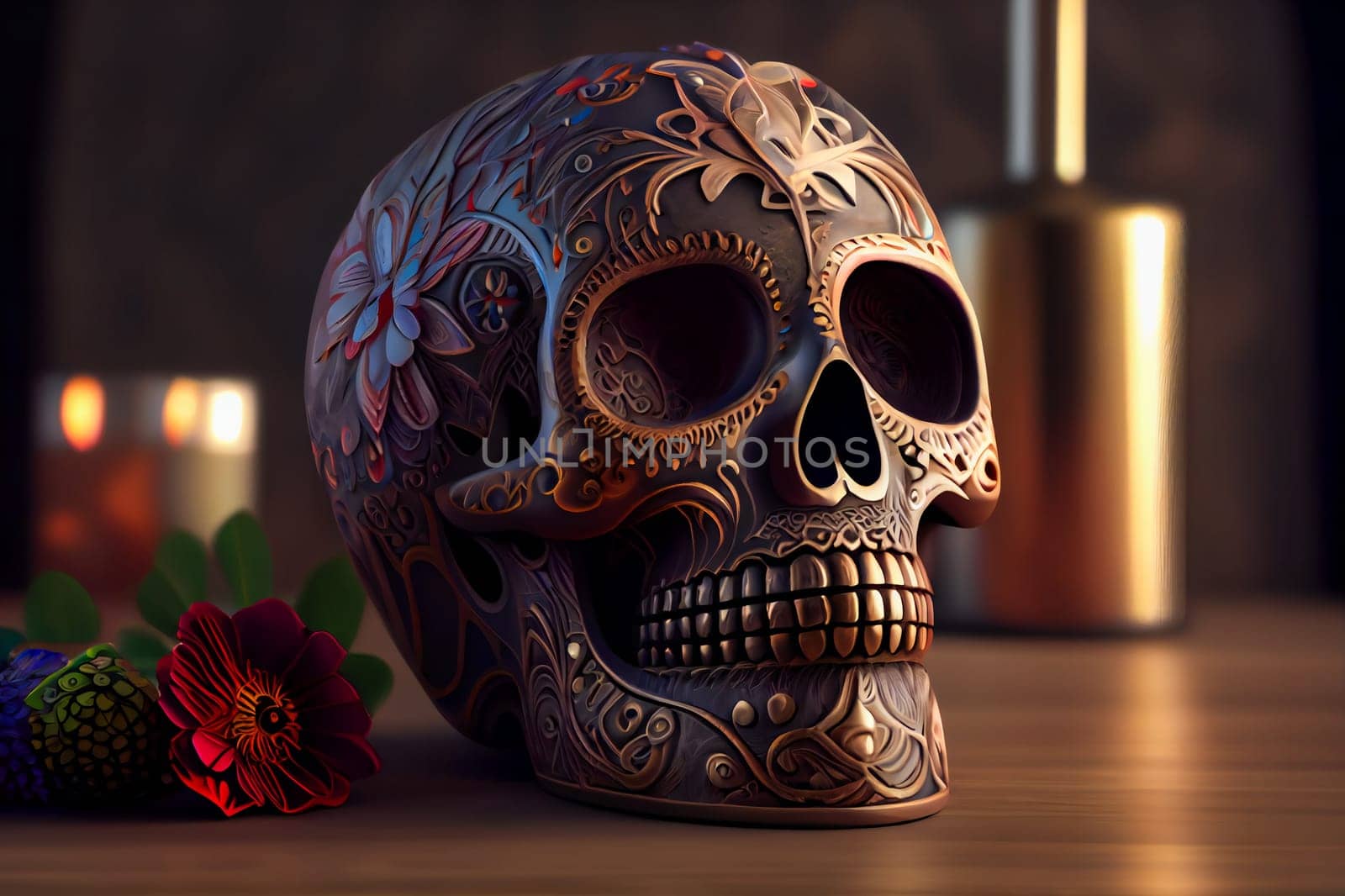 Decorated colorful skull.  Day of dead, Mexico.  Generative AI.