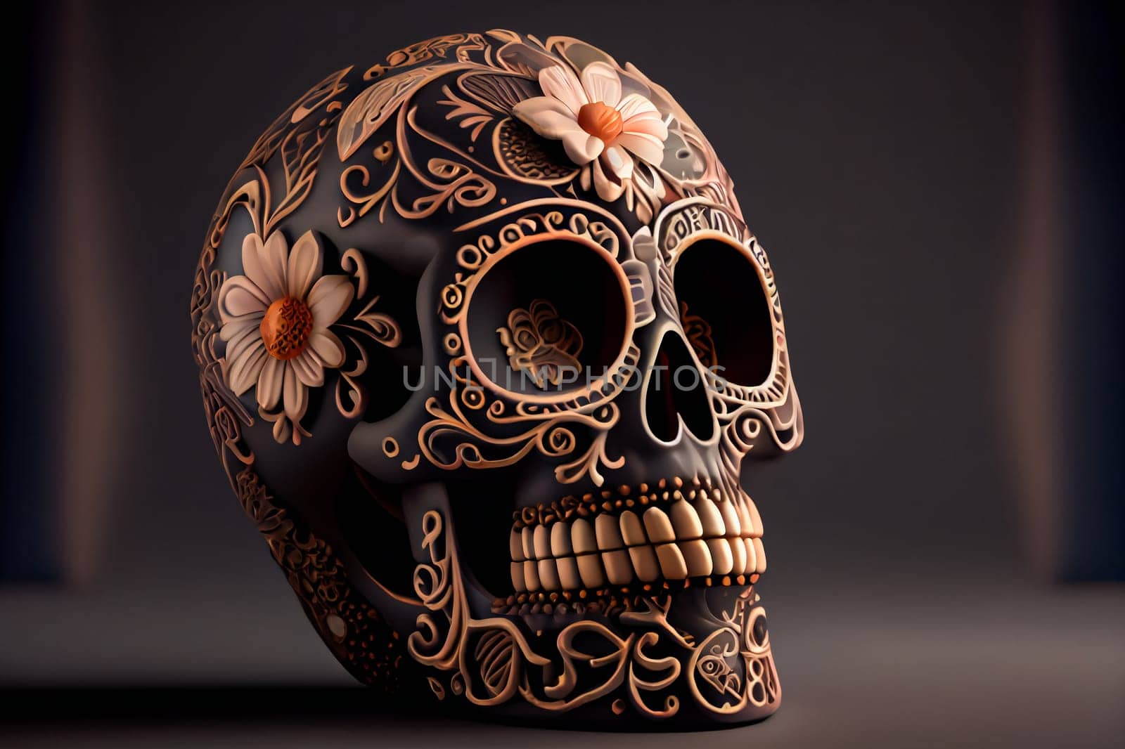 Decorated colorful skull.  Day of dead, Mexico.  Generative AI.