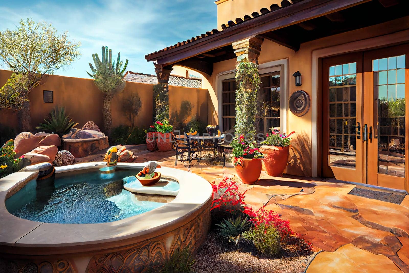 Backyard patio area.  Outdoor living.  Generative AI.