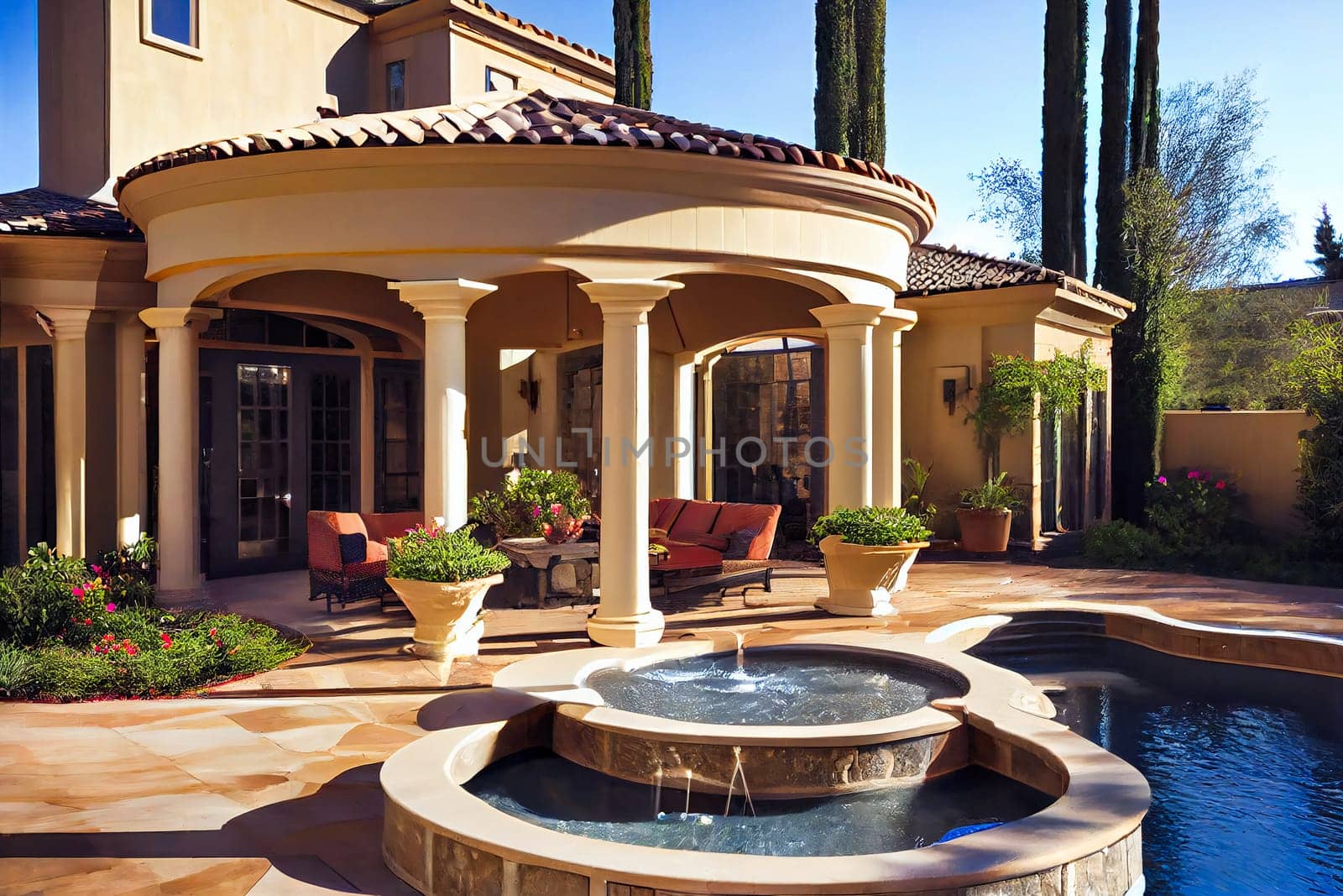Backyard patio area.  Outdoor living.  Generative AI.