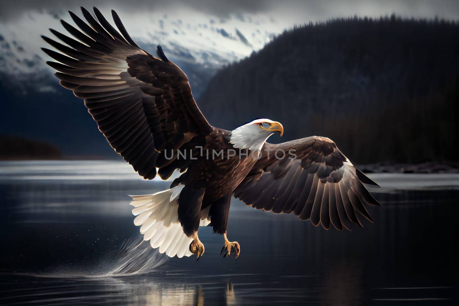 Bald Eagle Mid-Air Flight Moment. Generative AI.