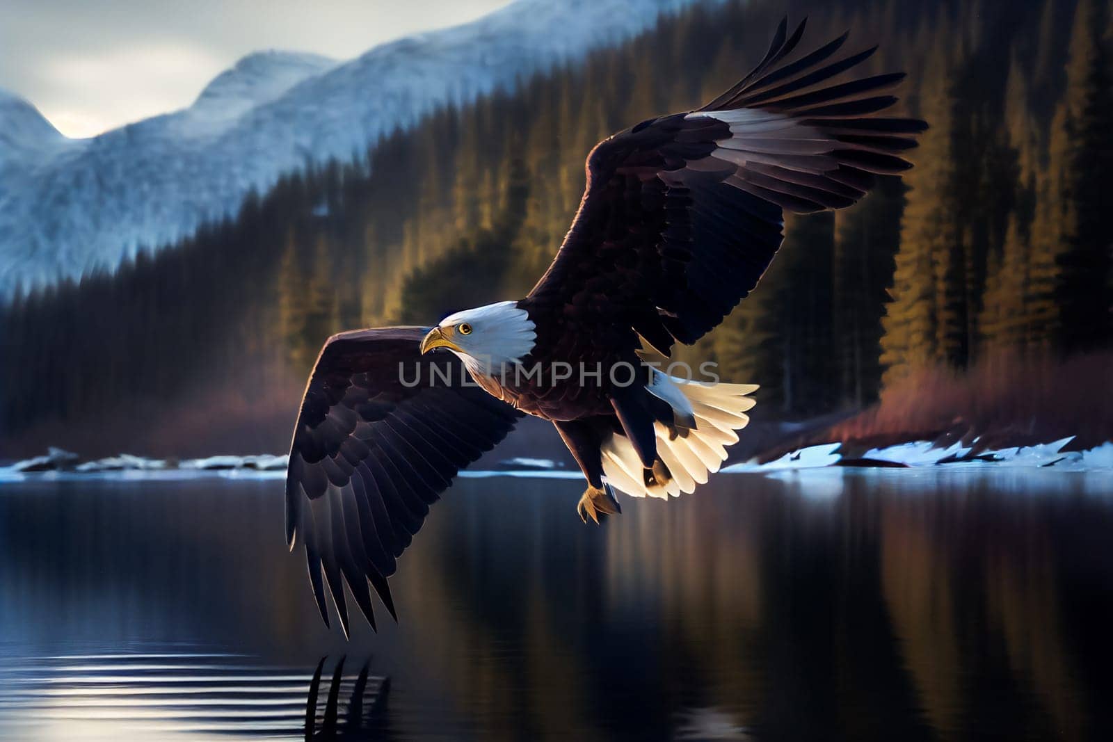 Bald Eagle Mid-Air Flight Moment. Generative AI.