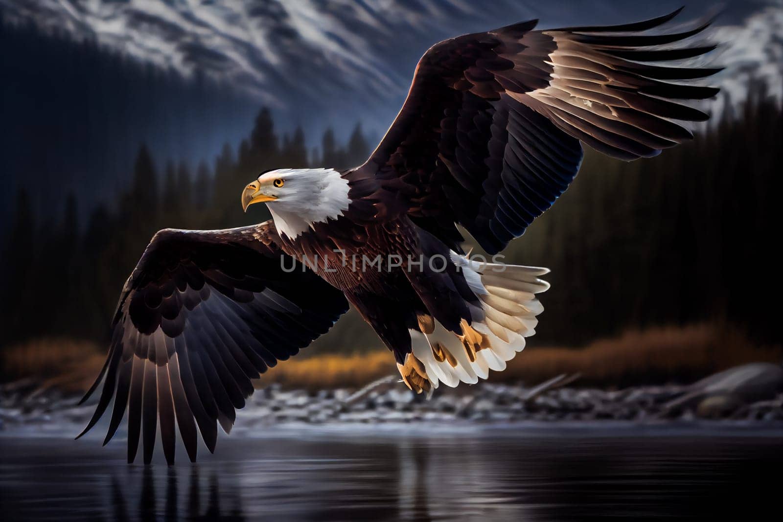 Bald Eagle Mid-Air Flight Moment. Generative AI.