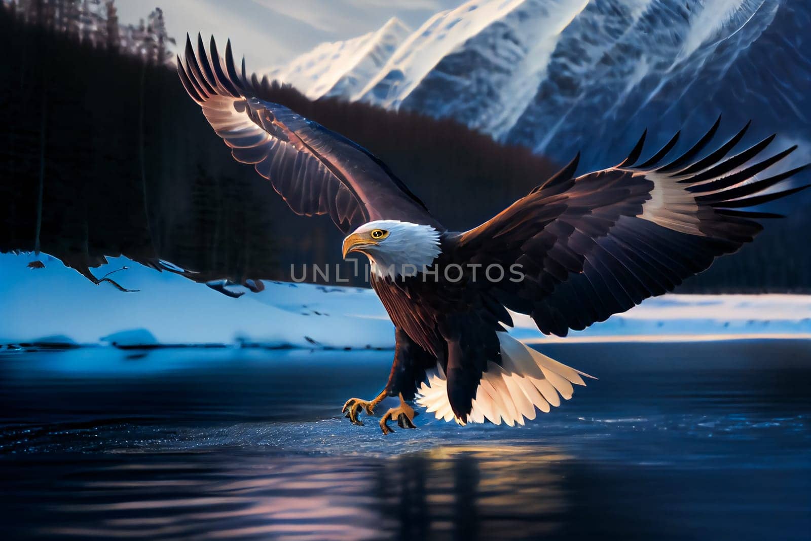 Bald Eagle Mid-Air Flight Moment. Generative AI.