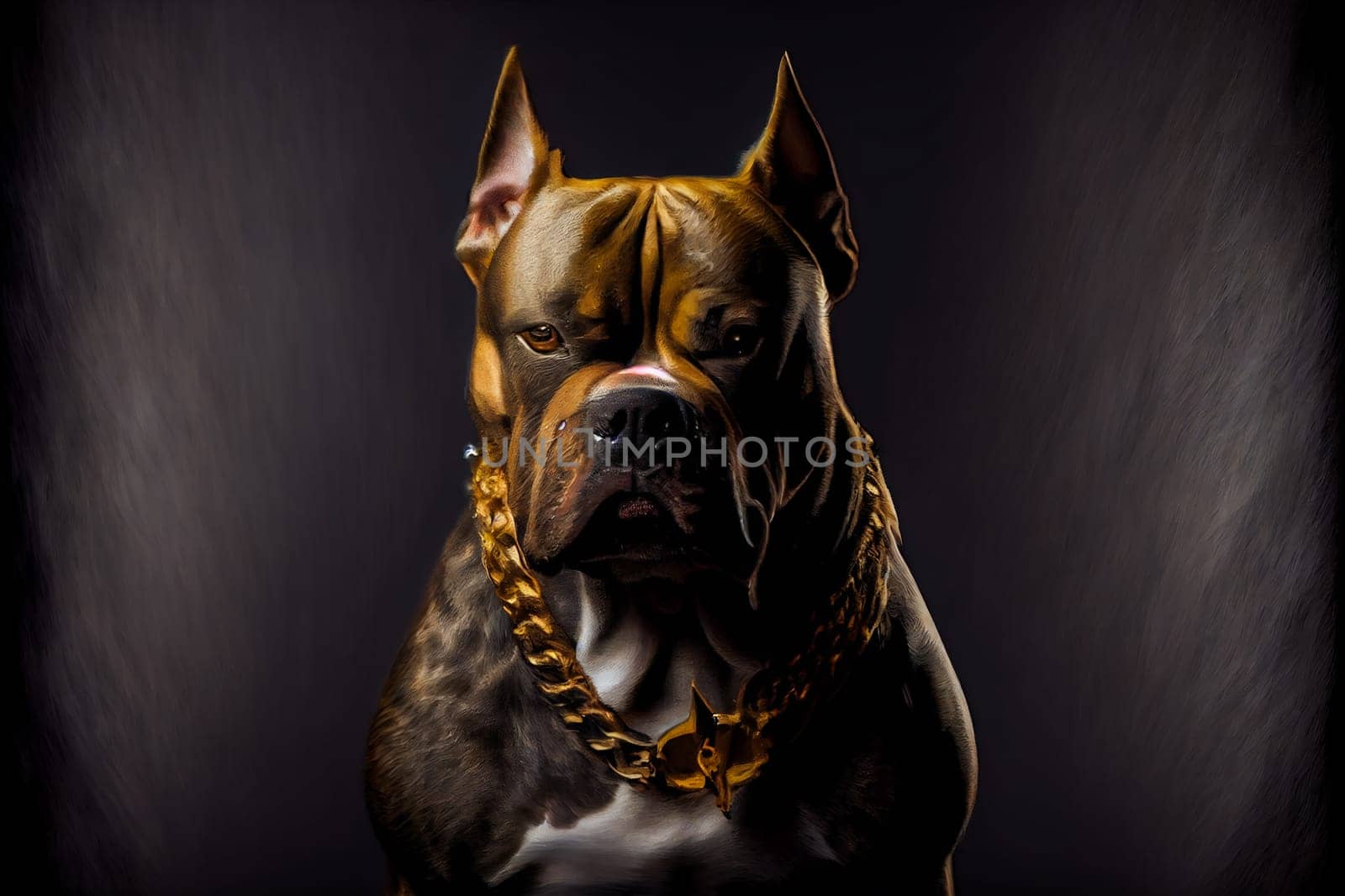American Bully dog with gold chain on black background.  Generative AI.