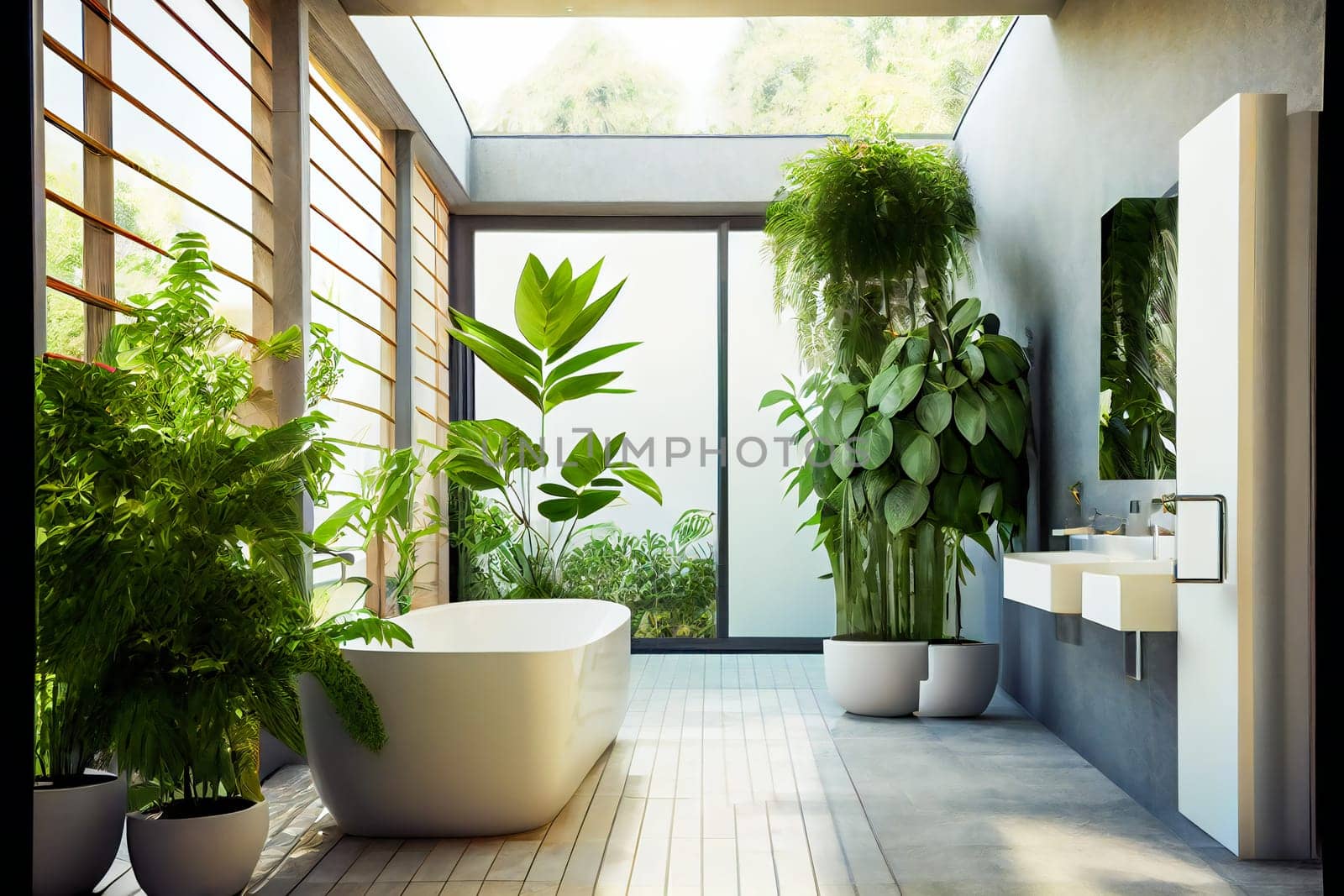 Bathroom interior decorated with green plants.   Modern comfortable bathroom.  Generative AI.