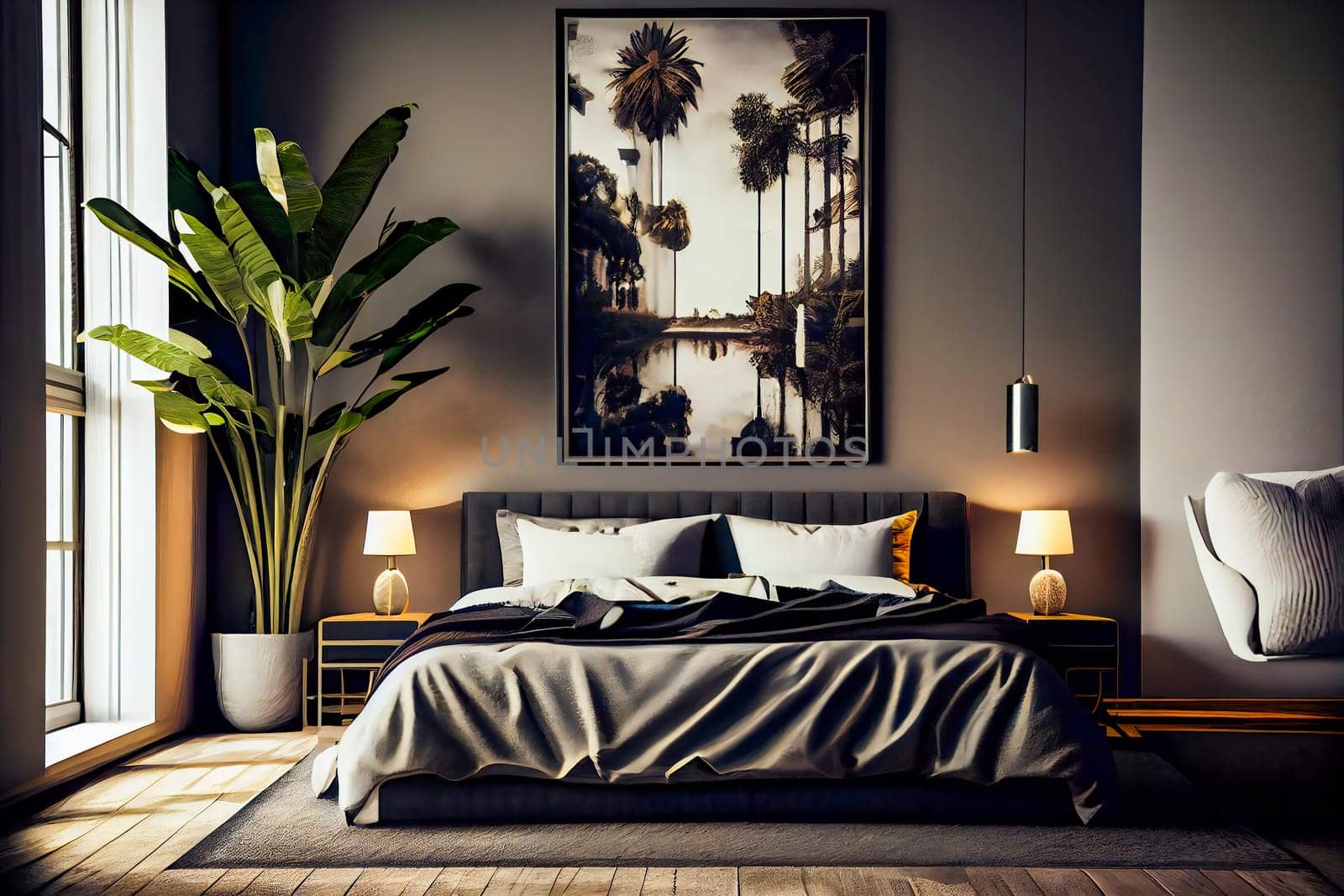 Luxuriate in the Ambiance of a Modern Luxury Bedroom with Night Lights.  Generative AI.
