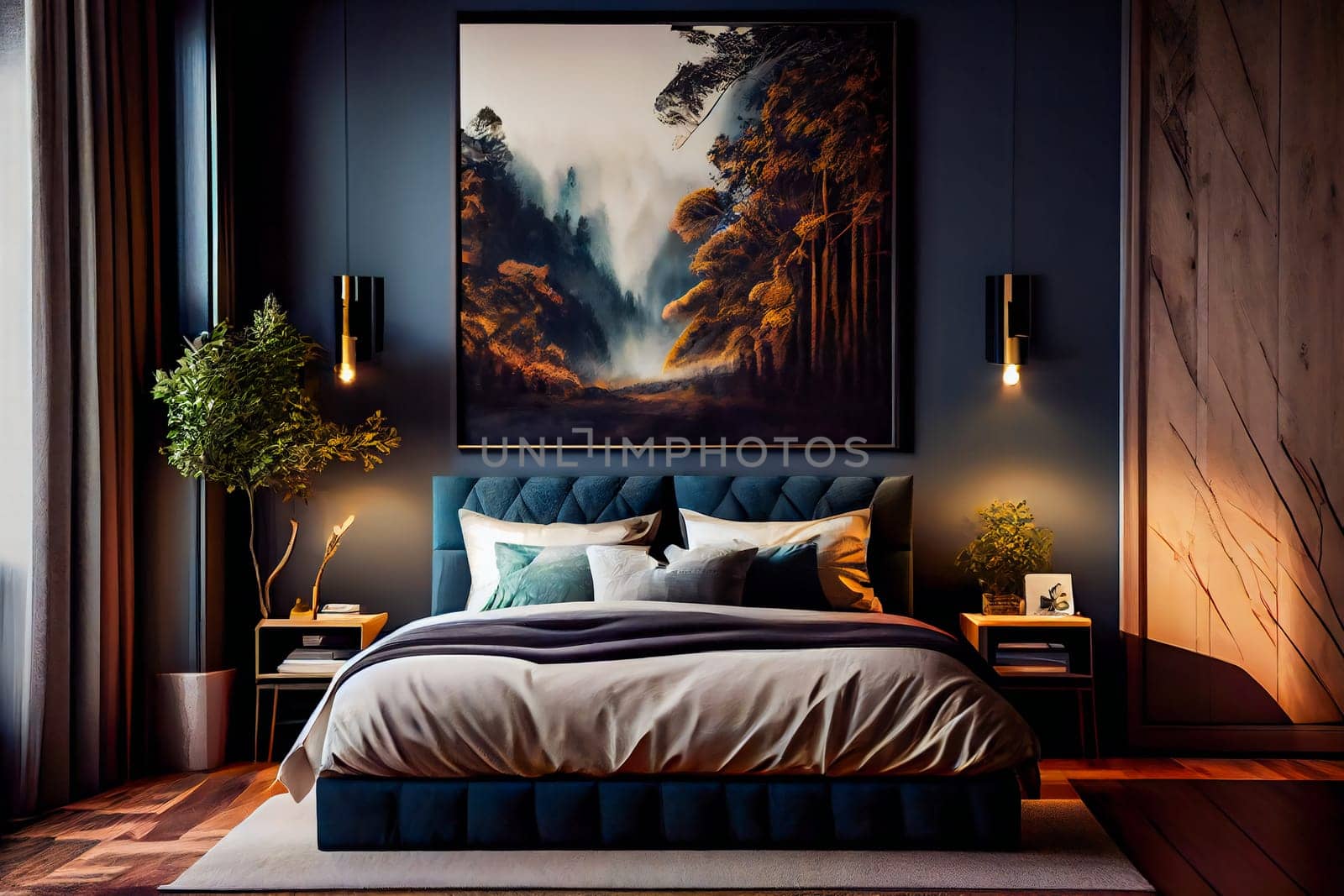 Luxuriate in the Ambiance of a Modern Luxury Bedroom with Night Lights.  Generative AI.