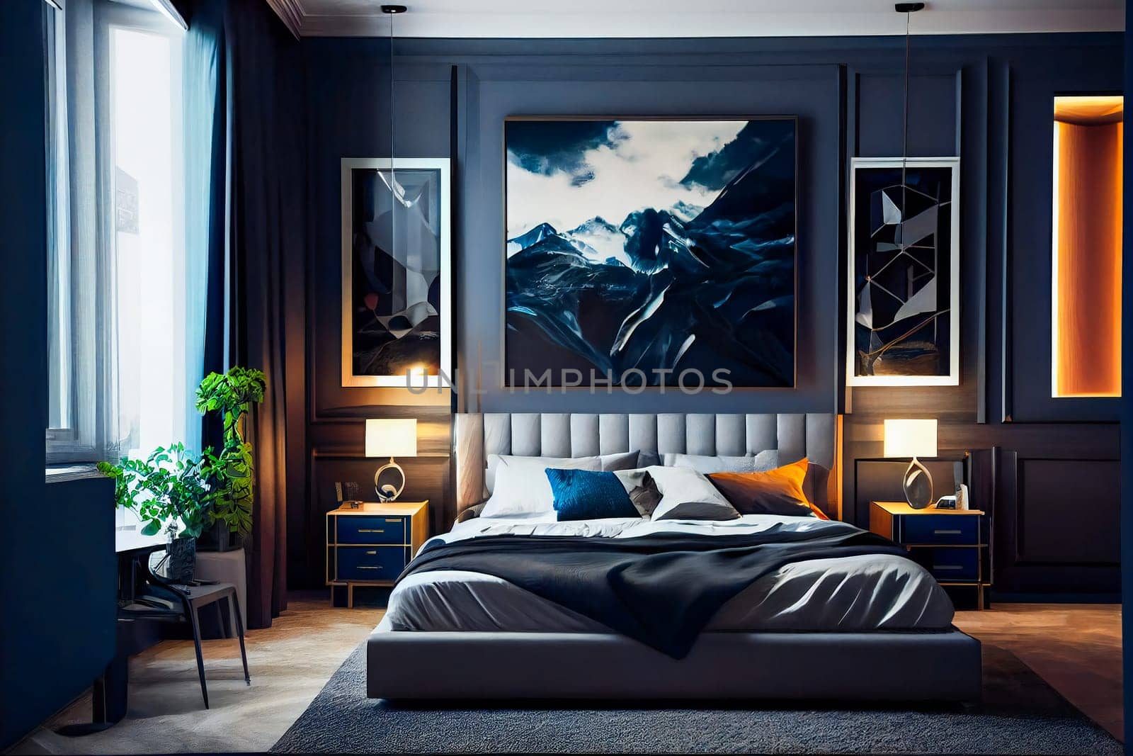 Luxuriate in the Ambiance of a Modern Luxury Bedroom with Night Lights.  Generative AI.