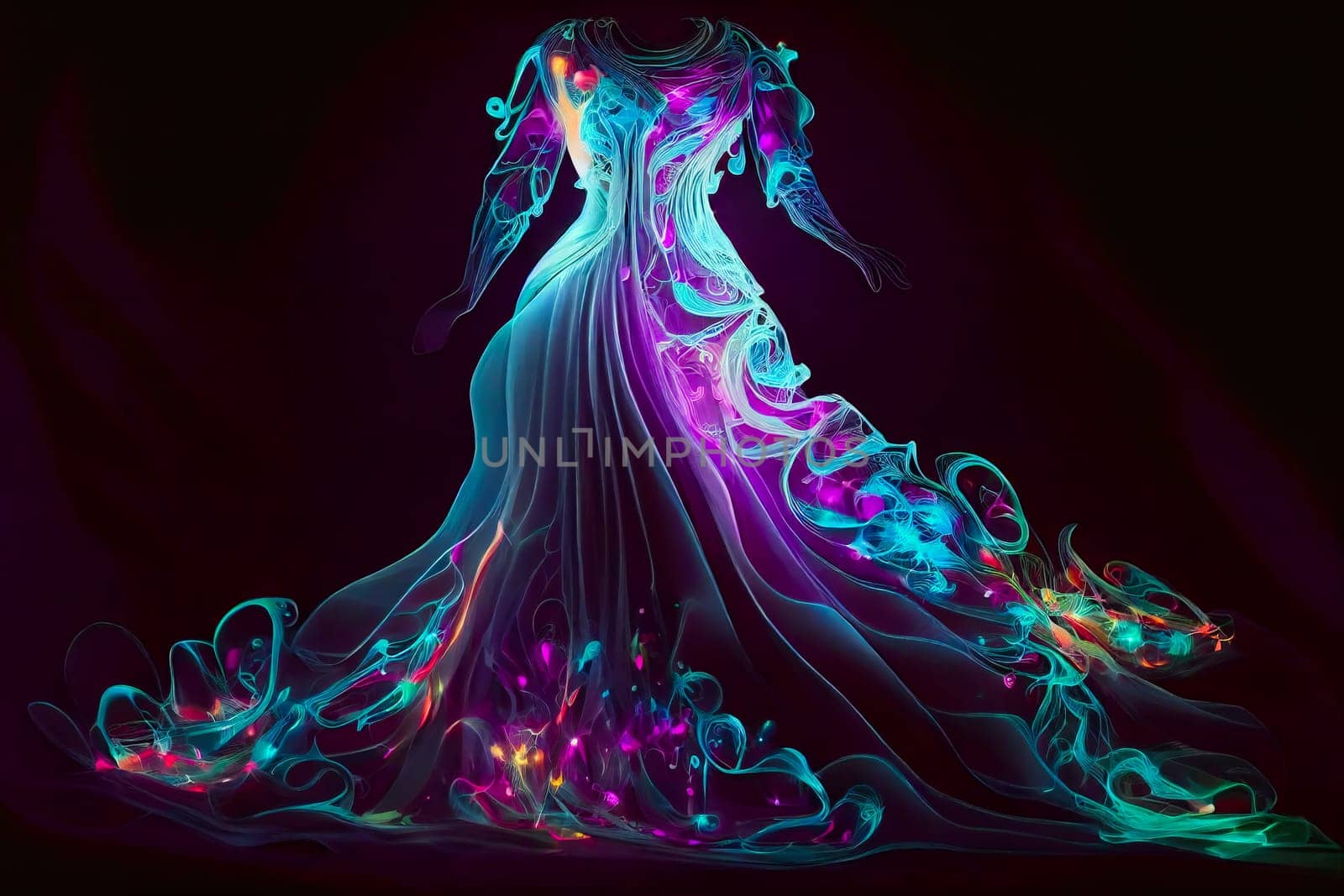 Bioluminescence  neon dress. Abstract fashion wedding.  Generative AI.