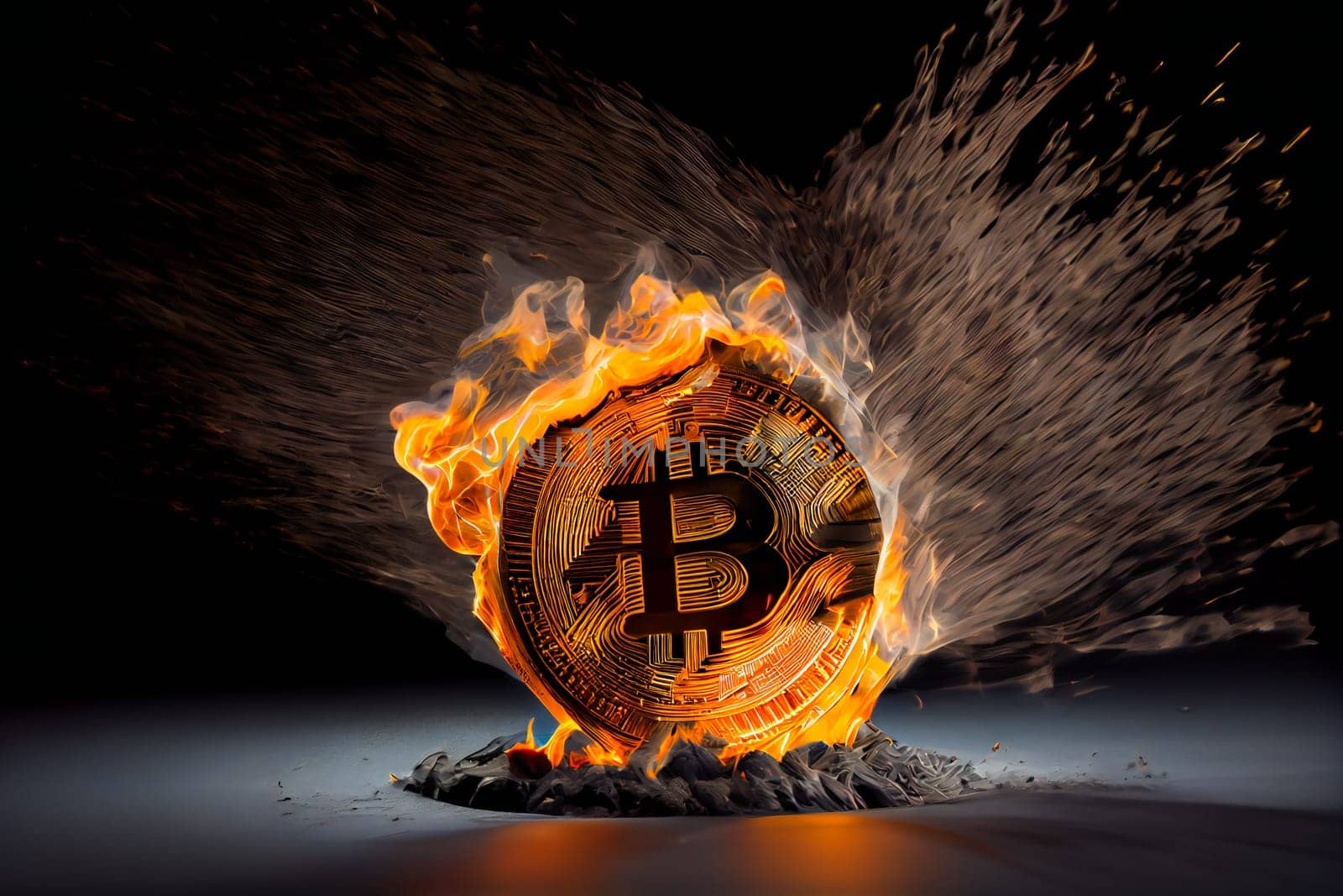 Bitcoin coin burning in flames.  Generative AI.