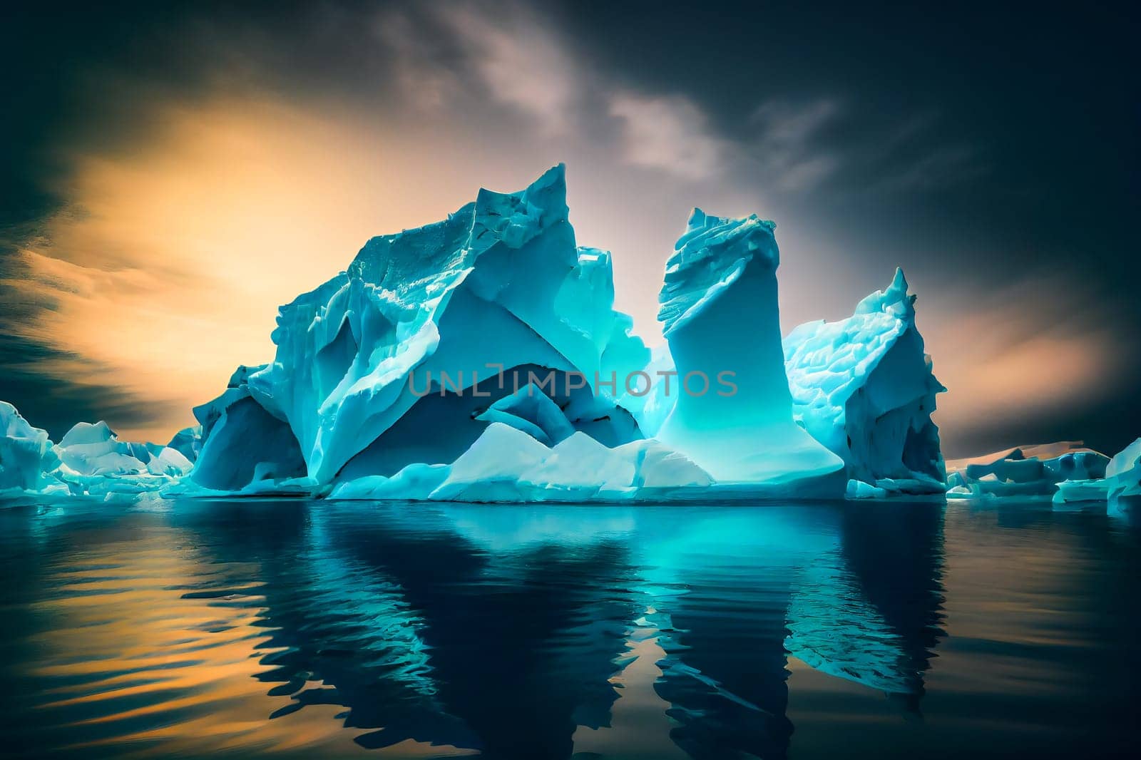 Blue Iceberg in Antarctica.  Global Warming Concept. Generative AI.