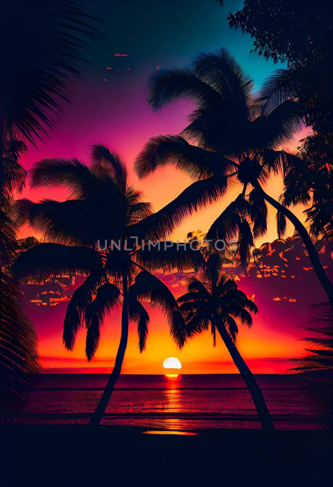 Blue palm trees at sunset.  Generative AI.
