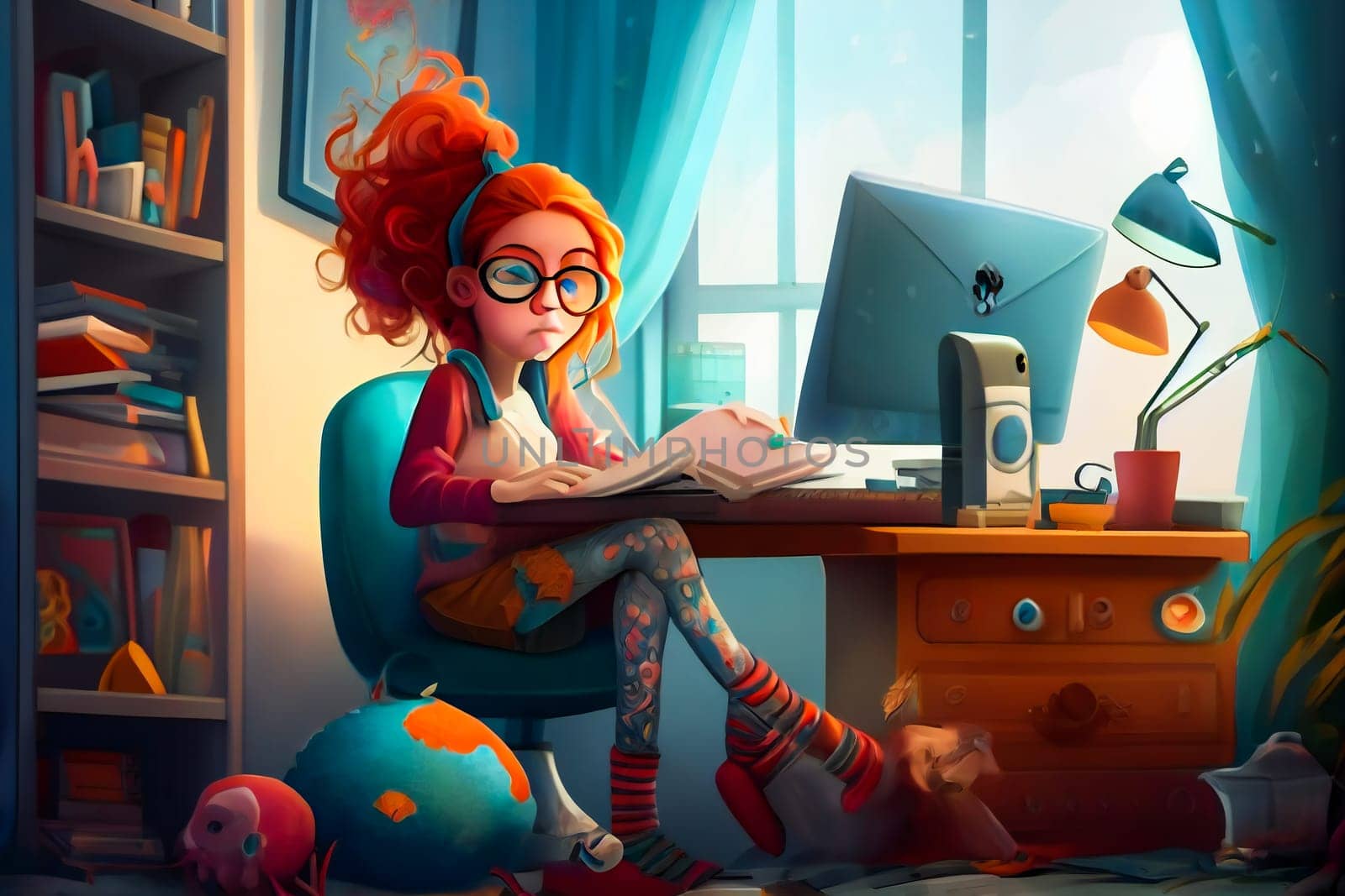 Businesswoman Working at Home in Cartoon Style. Generative AI