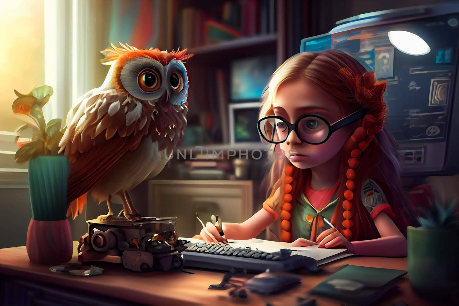 Businesswoman Working at Home in Cartoon Style. Generative AI