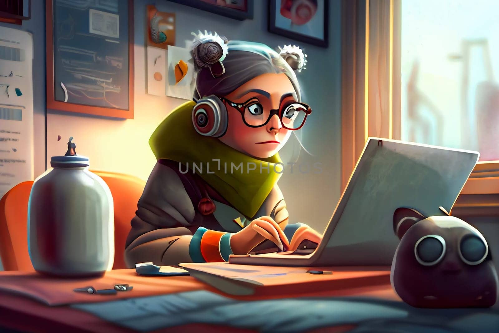 Businesswoman Working at Home in Cartoon Style. Generative AI