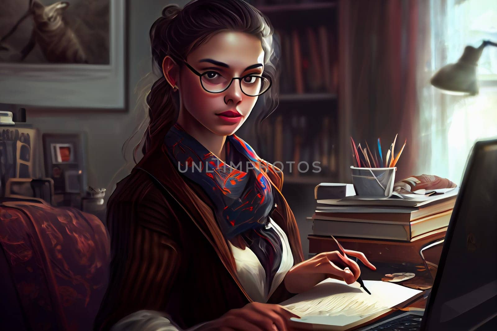 Businesswoman Working at Home in Cartoon Style. Generative AI