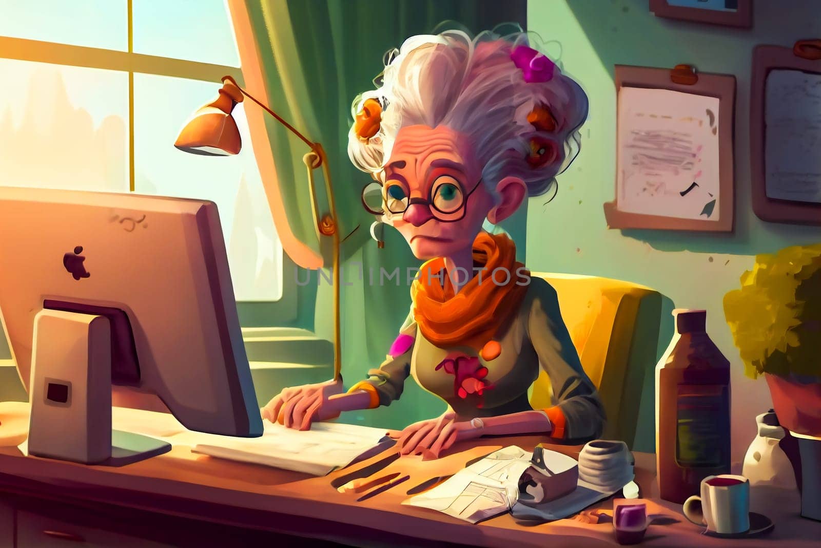 Businesswoman Working at Home in Cartoon Style. Generative AI