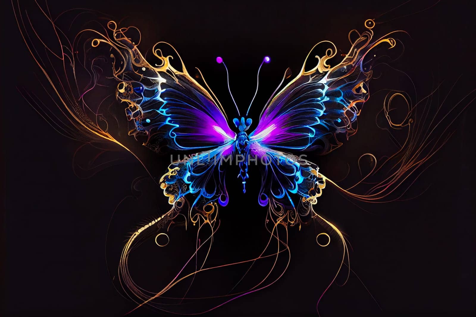 Bright and Beautiful Butterfly in Neon Lights.  Generative AI.