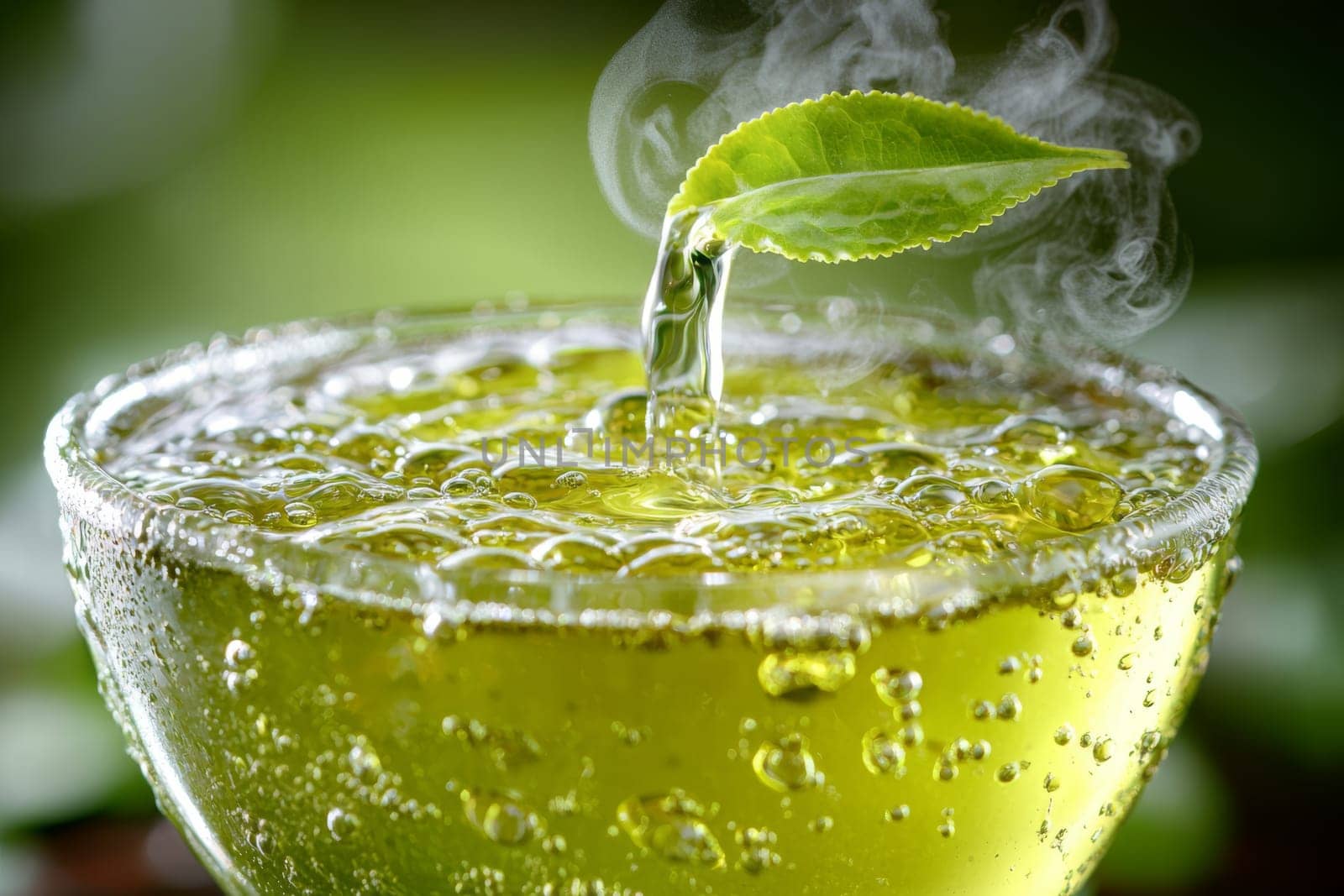 A vibrant green beverage bubbles in a transparent bowl, releasing gentle steam, surrounded by fresh green leaves under soft light.