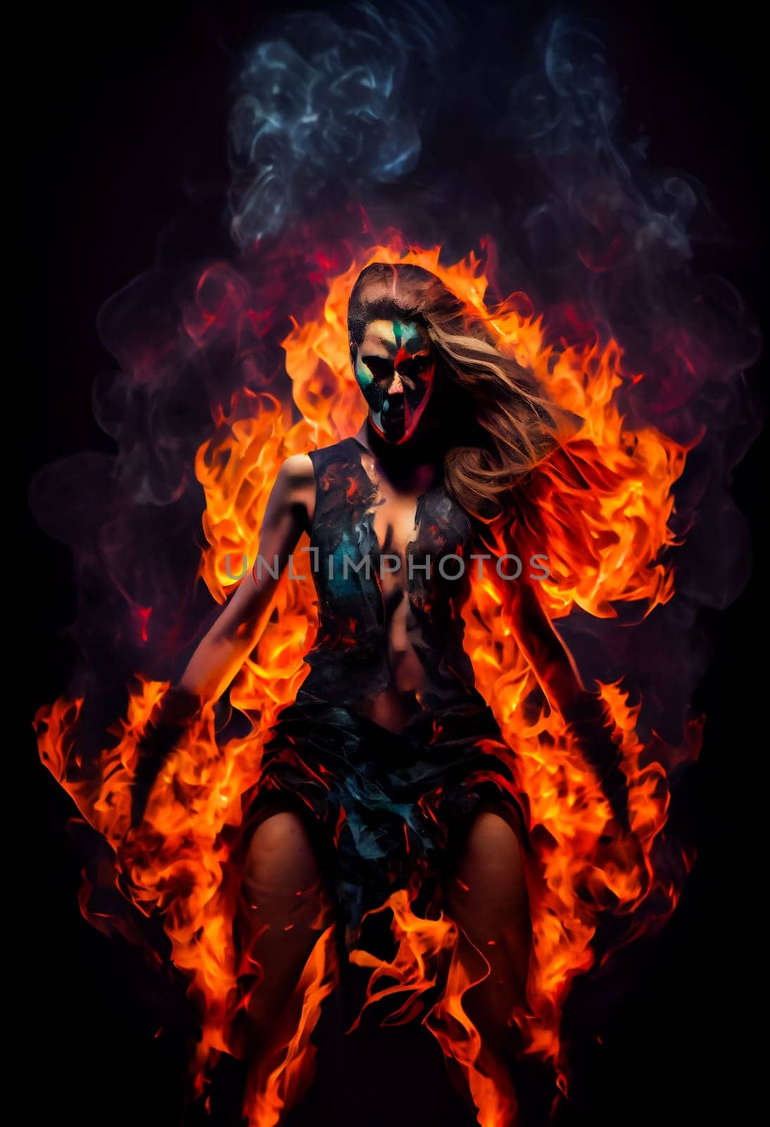 Fiery girl.  Woman  in flames and fire.  Generative AI.