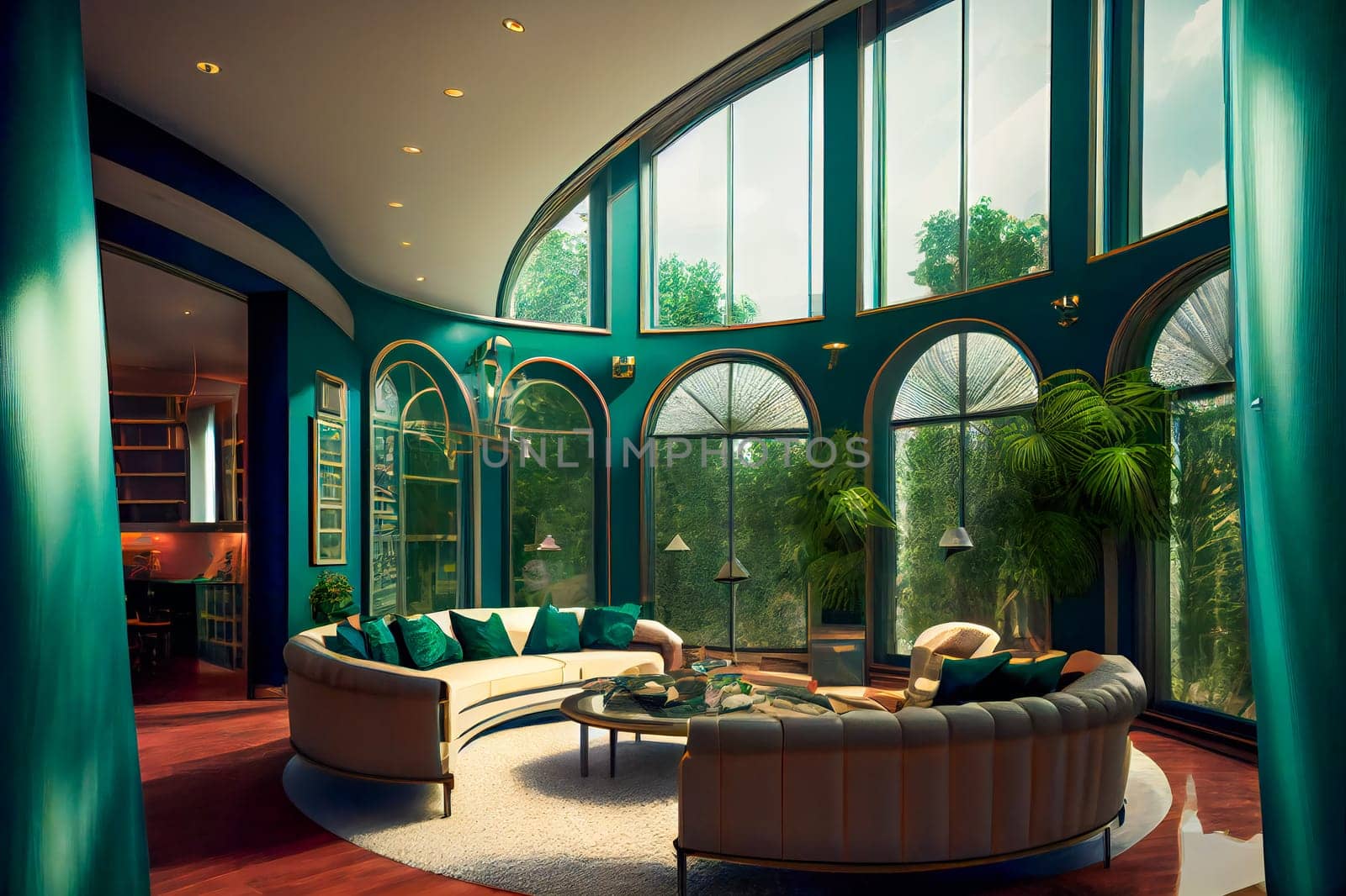 Grandiose Emerald Luxury Glass Interior Design. Generative AI
