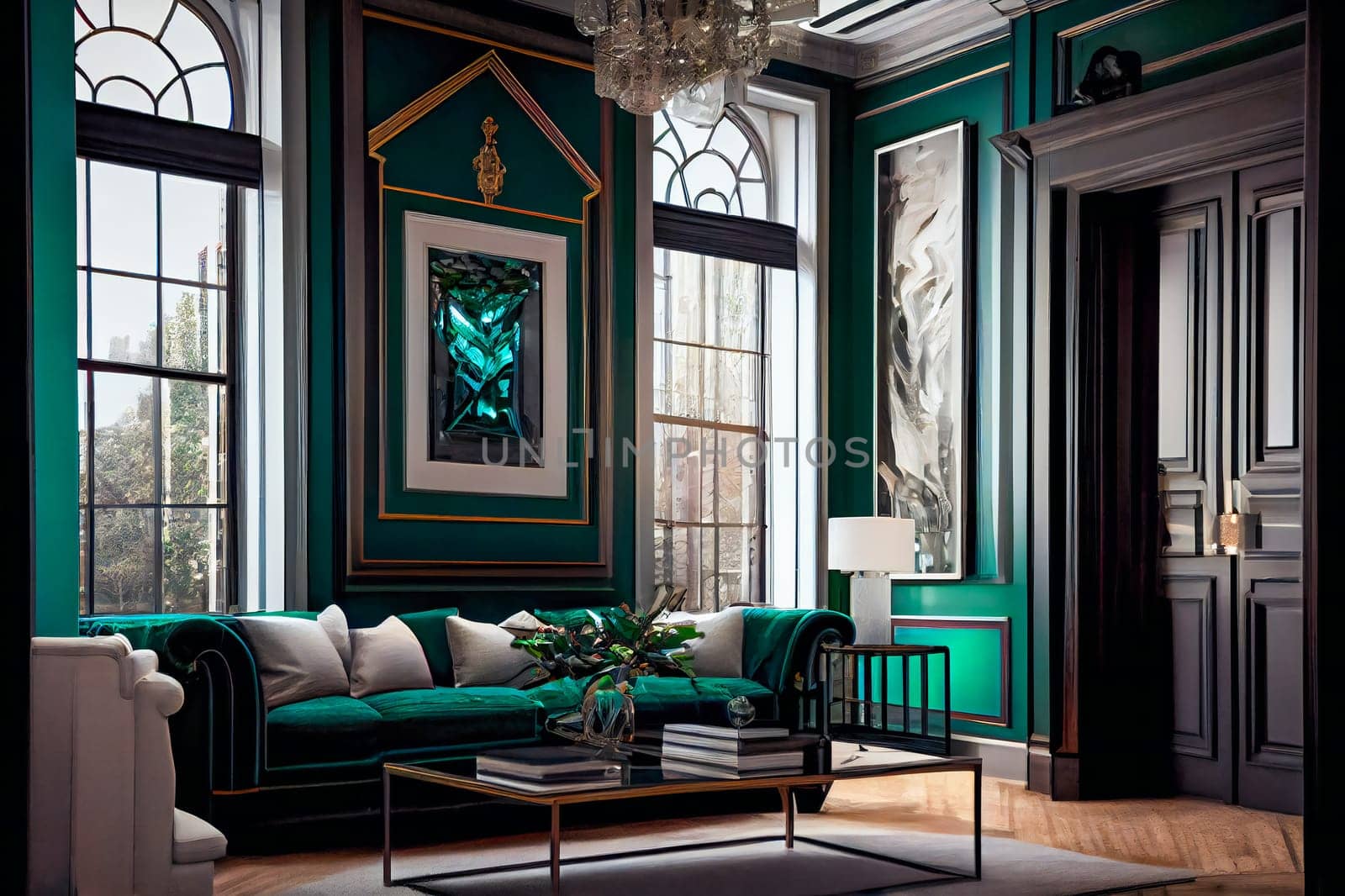 Grandiose Emerald Luxury Glass Interior Design. Generative AI