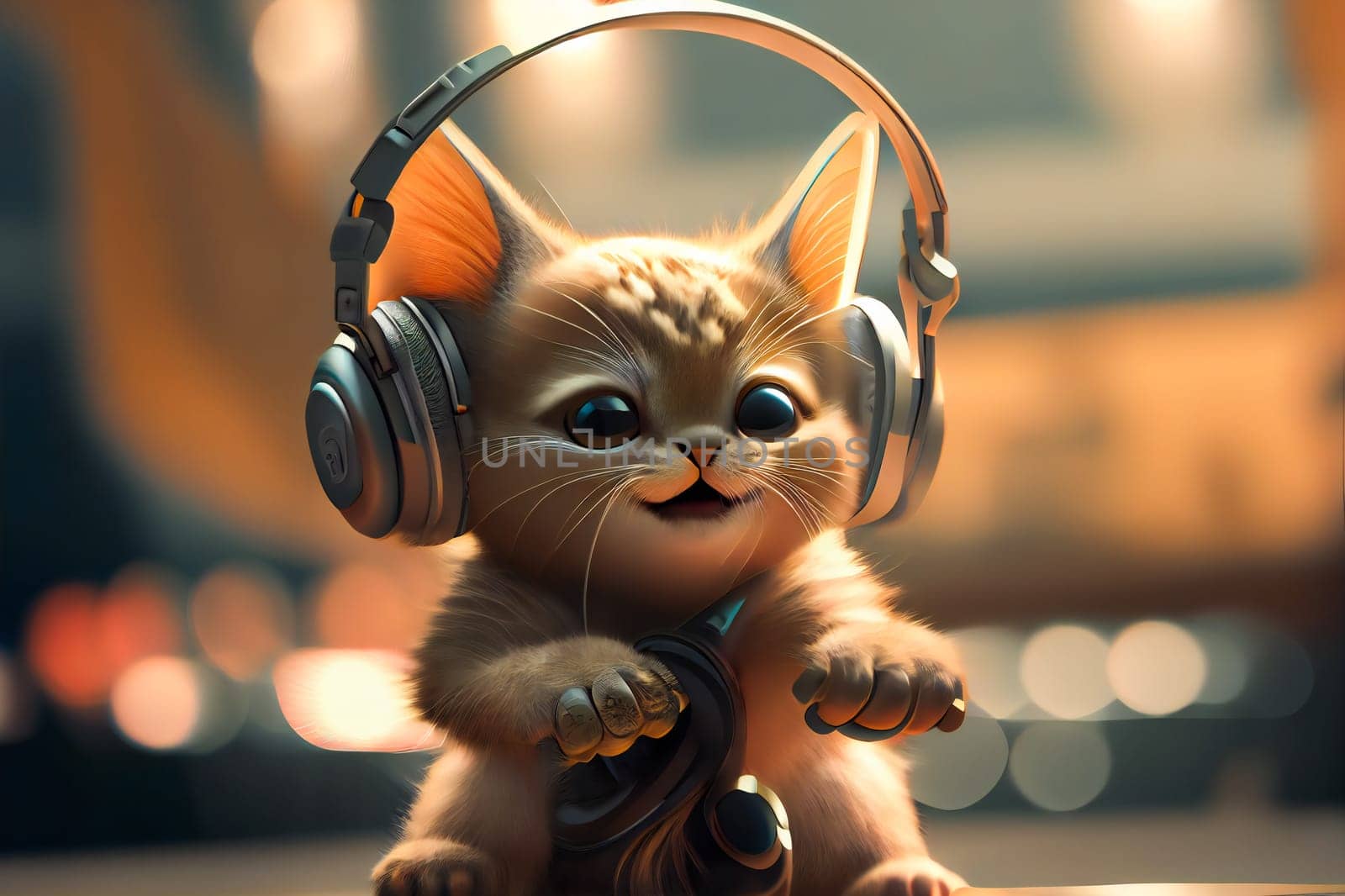 Kitten With Headphones.  Cute Cartoon Kitten.  Generative AI.