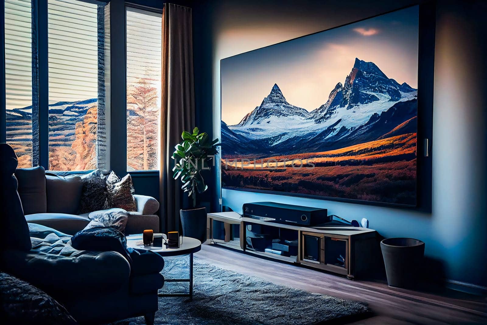 Living room with Big TV on the  wall in the room in a modern style. Elegant lixury living room with big tv screen.  Generative AI.