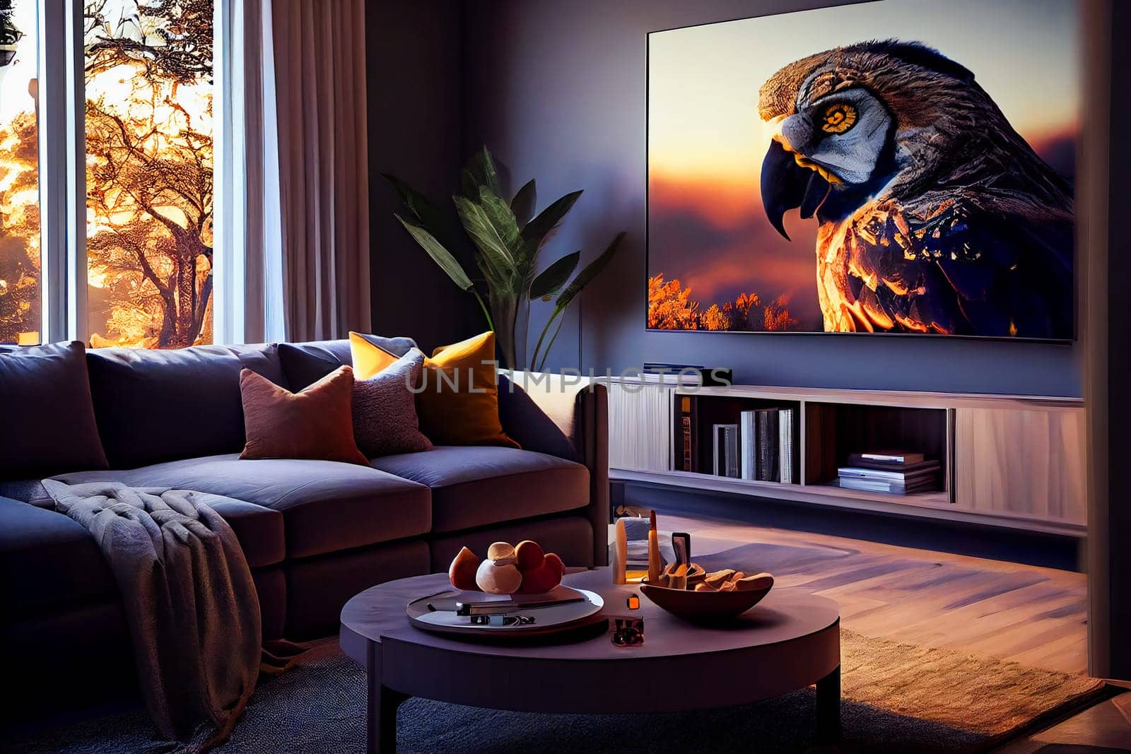 Living room with Big TV on the  wall in the room in a modern style. Elegant lixury living room with big tv screen.  Generative AI.