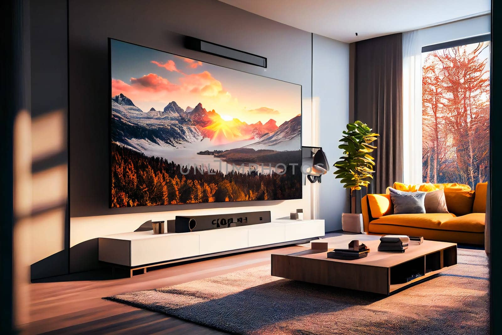 Living room with Big TV on the  wall in the room in a modern style. Elegant lixury living room with big tv screen.  Generative AI.