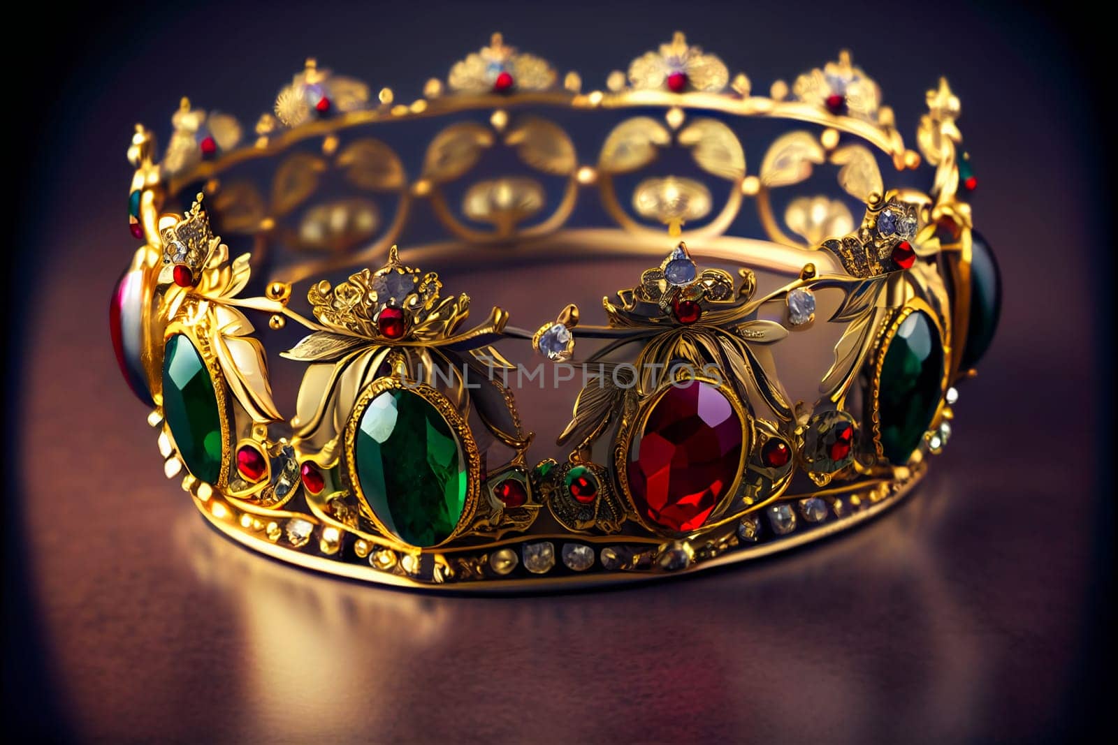 Magnificent Jewelry Crown of Gold and Precious Stones.  Generative AI.