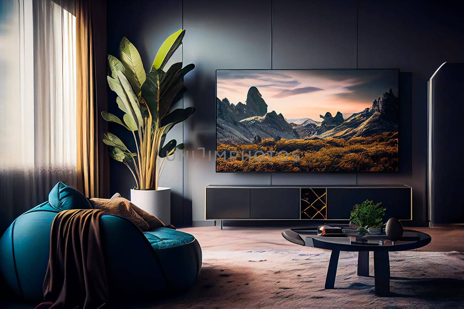 Living room with Big TV on the  wall in the room in a modern style. Elegant lixury living room with big tv screen.  Generative AI.