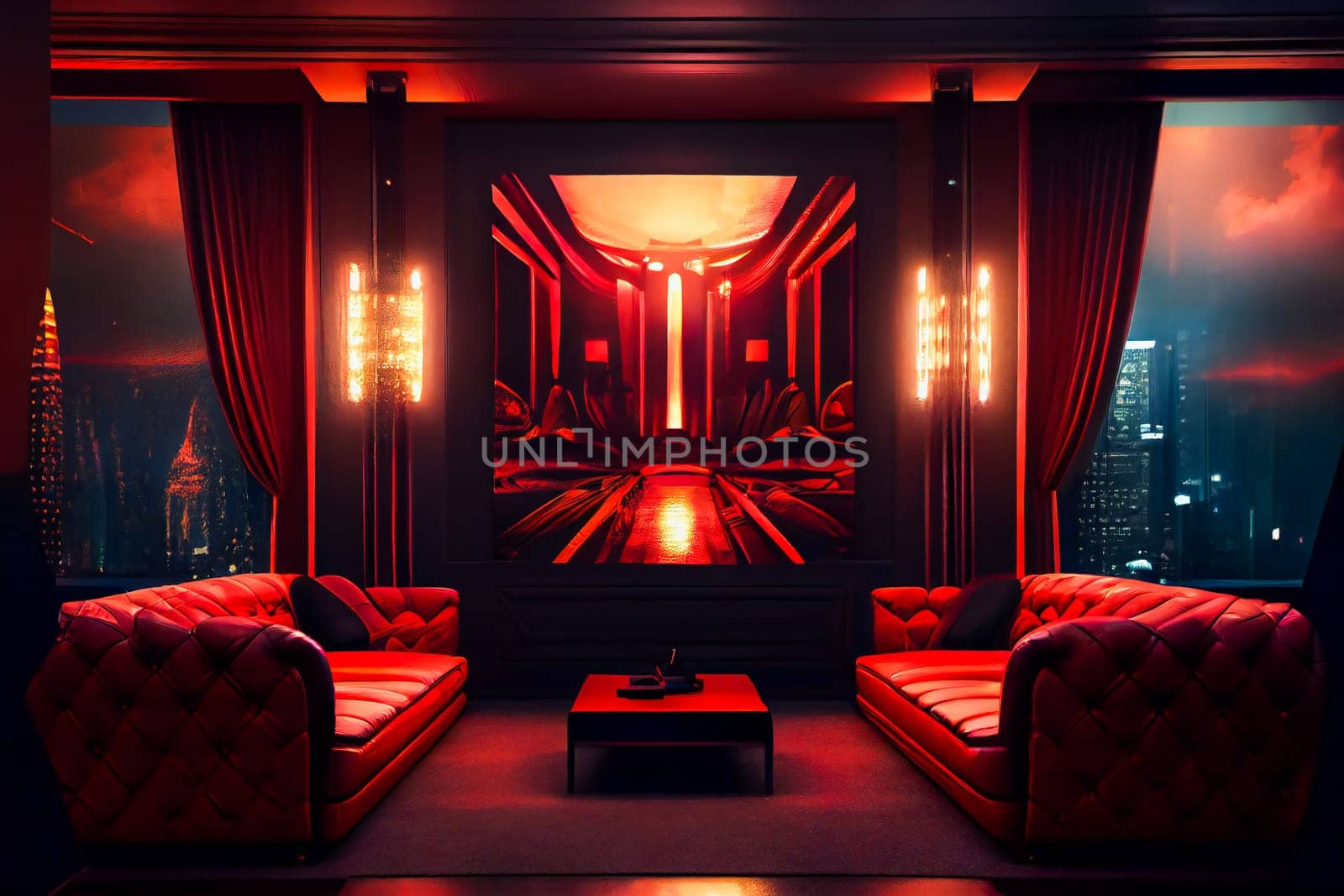 Red Interior of luxury nightclub, restaurant.  Lounge bar.  Generative AI.