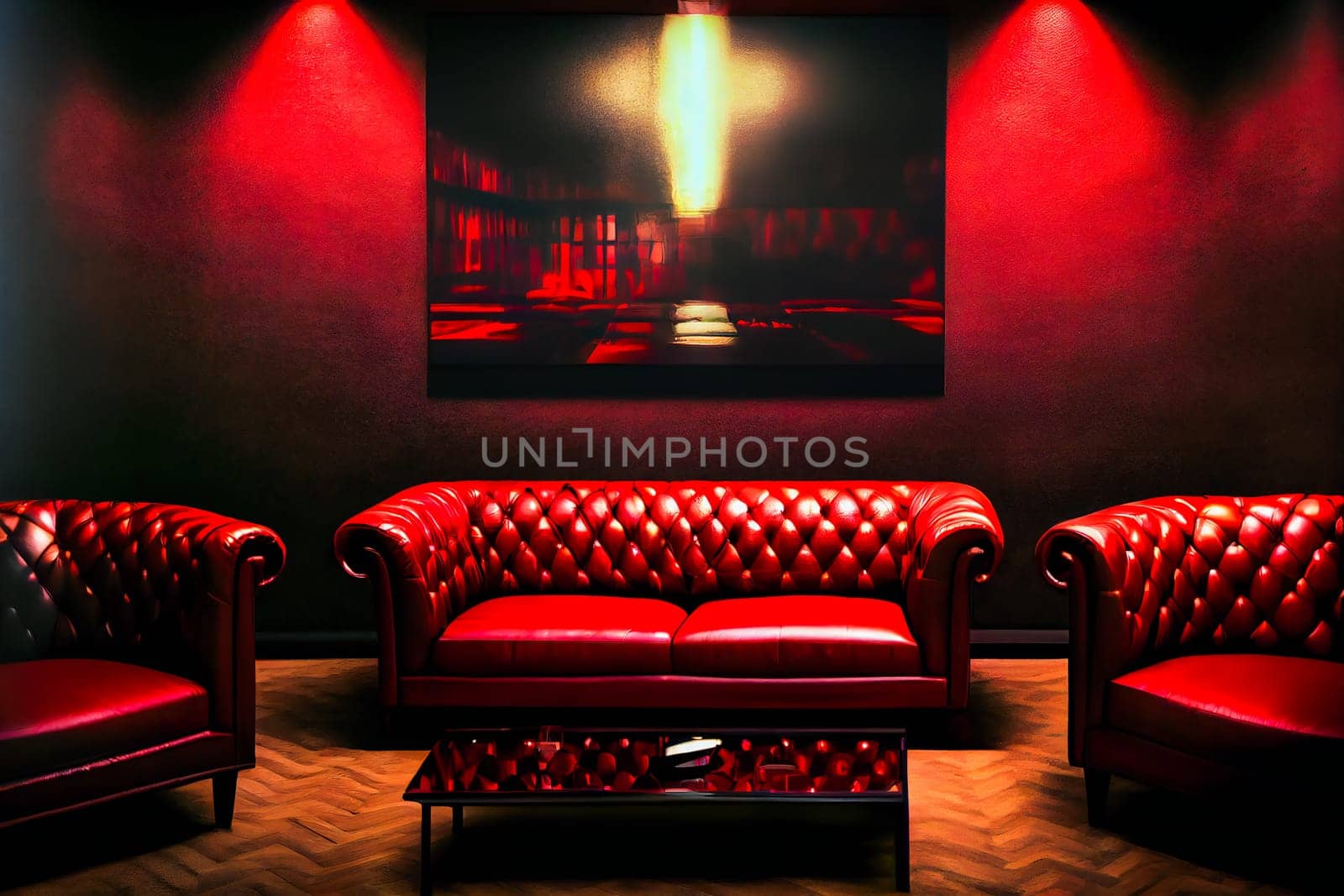 Red Interior of luxury nightclub, restaurant.  Lounge bar.  Generative AI.