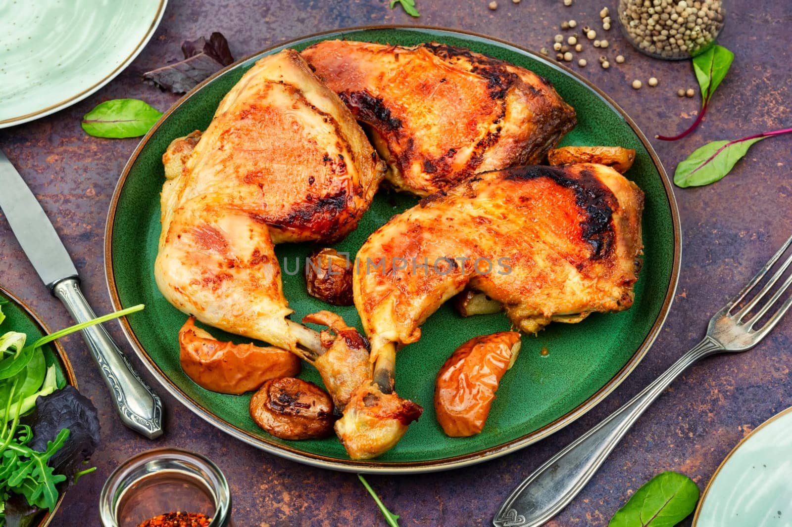 Spicy barbecue chicken legs. Fried chicken thighs. homemade food